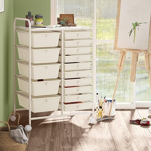 Miniatura 2 de LDAILY Carrito de almacenamiento con ruedas de 15 cajones, carrito rodante con cajones para aula, organizador de manualidades con ruedas con marco
