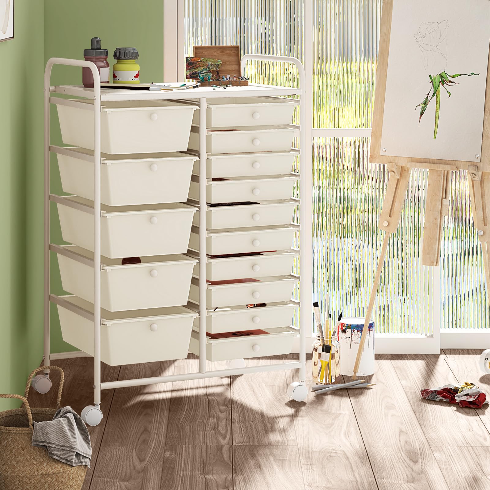 GOPLUS Carrito Auxiliar con 15 Cajones y Ruedas Giratorias Bloqueables, Carro de Almacenaje con Estructura de Acero, Carrito de Utilidad para Oficina Casa, 62.5 x 37 x 87 CM (Blanco)