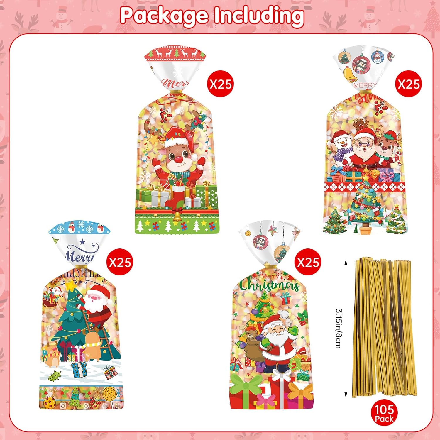 100 Pcs Merry Christmas Treat Bags - Clear Xmas Cellophane Gift Goodie Bags, Plastic Santa Claus Goody Candy Snack Bag with Twist Ties for Winter Christmas Themed Party Supplies Favors, 4 Styles - Image 4