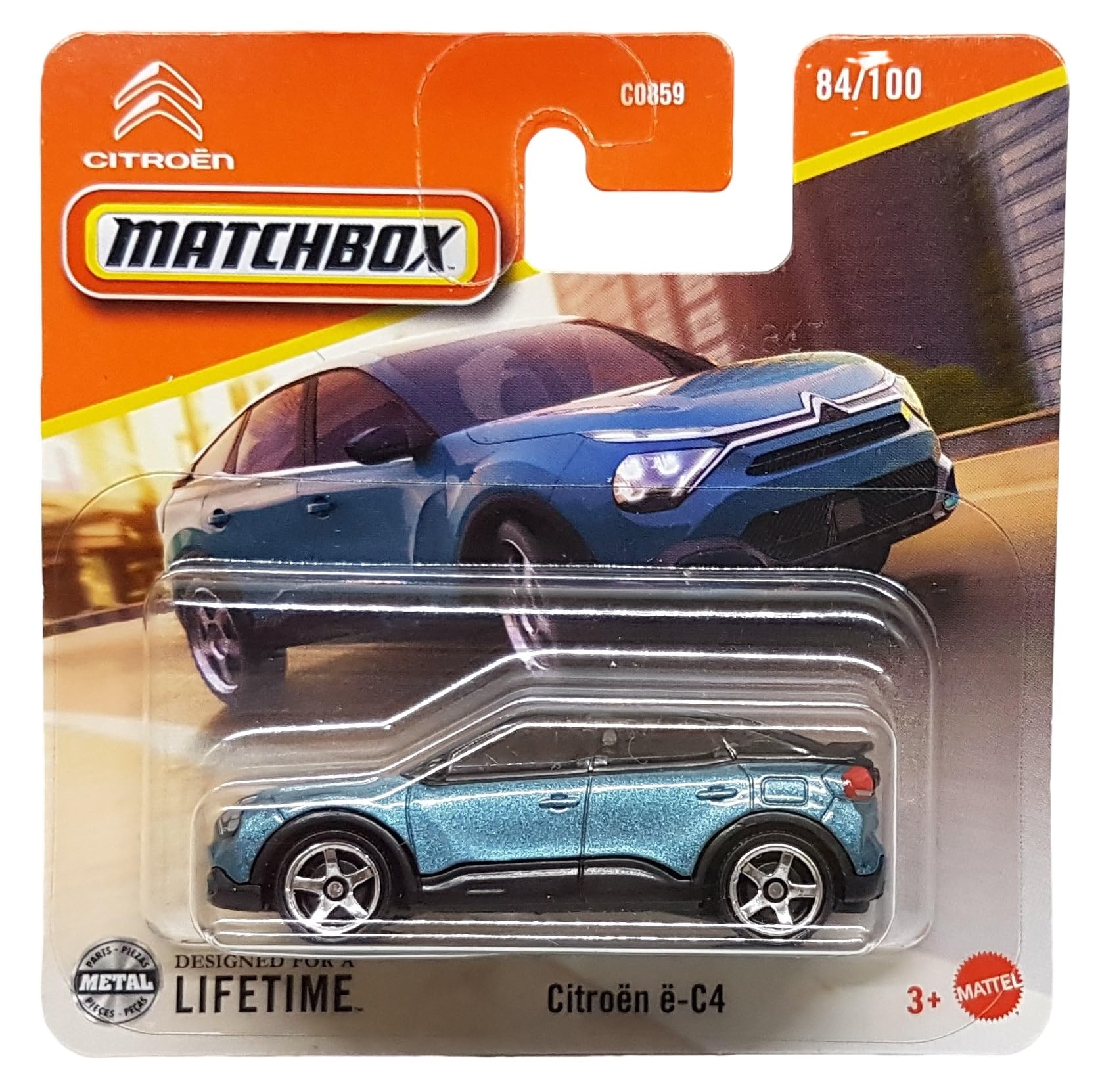 Matchbox – Citroen e-C4 – MBX Metro 84/100 – JFR97 – Short Card – Blu metallizzato – Superfast Lesney – Mattel 2024 – 1:64