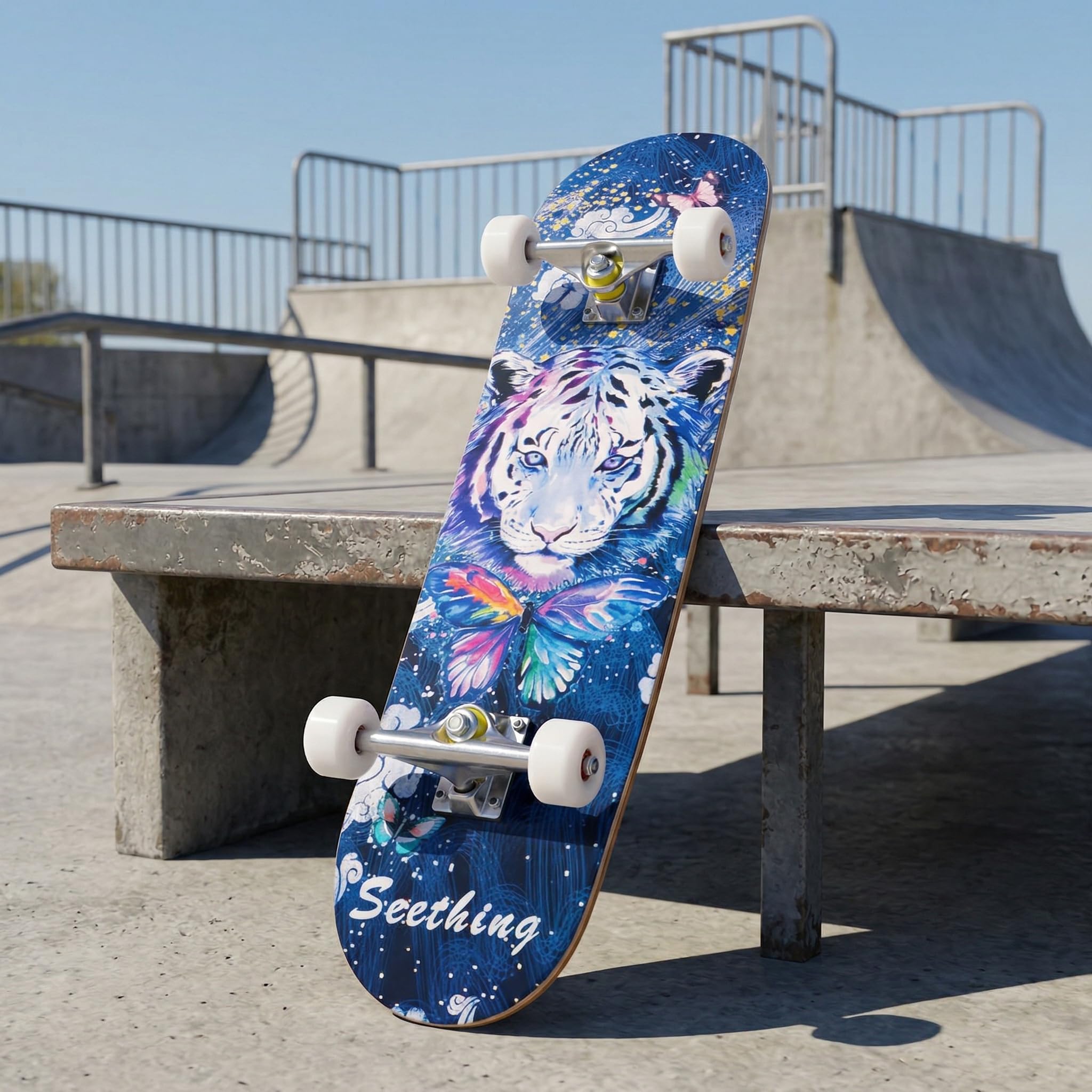 Skateboard Professionnel Double Kick,81 cm en érable, roulements ABEC-7, Roues en PU 95A, Design Graphique personnalisé (81cm, Tigre)
