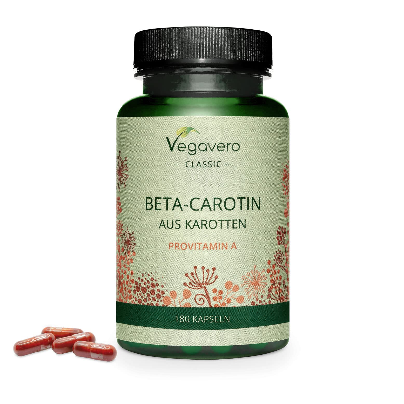 BETACAROTENE Vegavero® | 180 capsule | 100% NATURALE da Estratto di Carota (Vitamina A) | Abbronzatura più dorata e duratura | Vegan