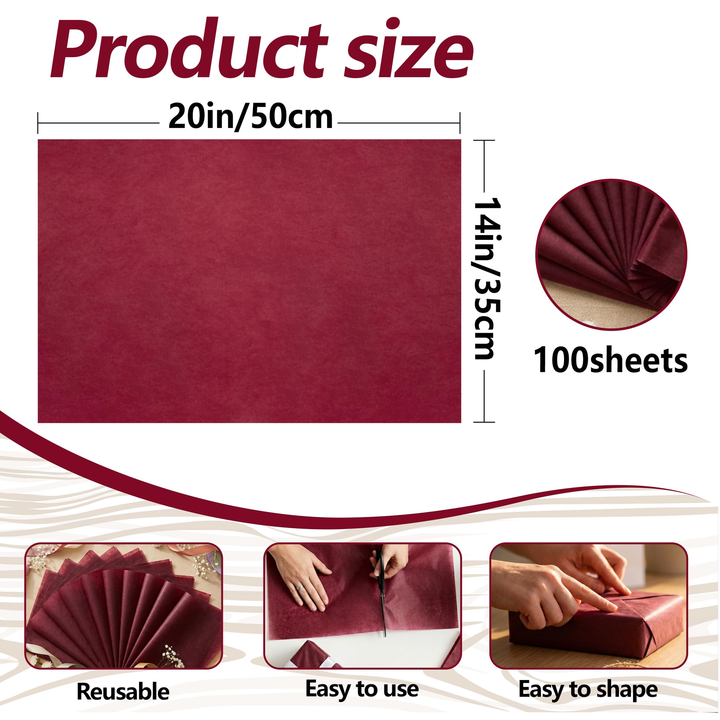 Bobobag 100 Sheets Burgundy Tissue Paper 20"X14" Tissue Paper for Gift Bags, Gift Wrapping Tissue, Christmas Tissue Paper Anniversary Holiday Decoration Arts Craft
