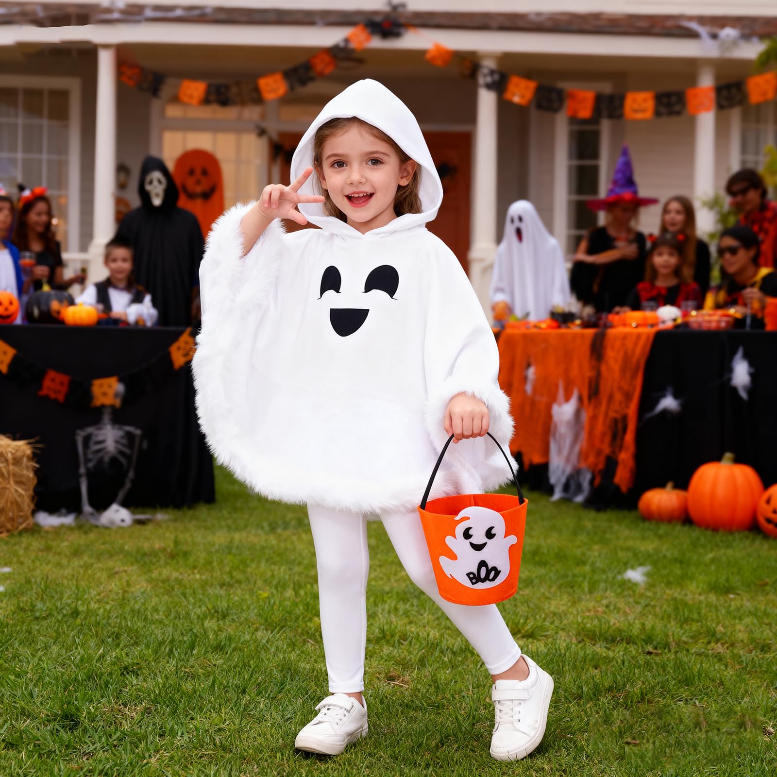 Toddler Baby Boys Girls Ghost Costume Kids Halloween Ghost Face Hooded Cloak Costume Party Boo Ghost Outfit for ages 1-2 Years,White Cloak+Pants+Pumpkin Basket Set - Image 3