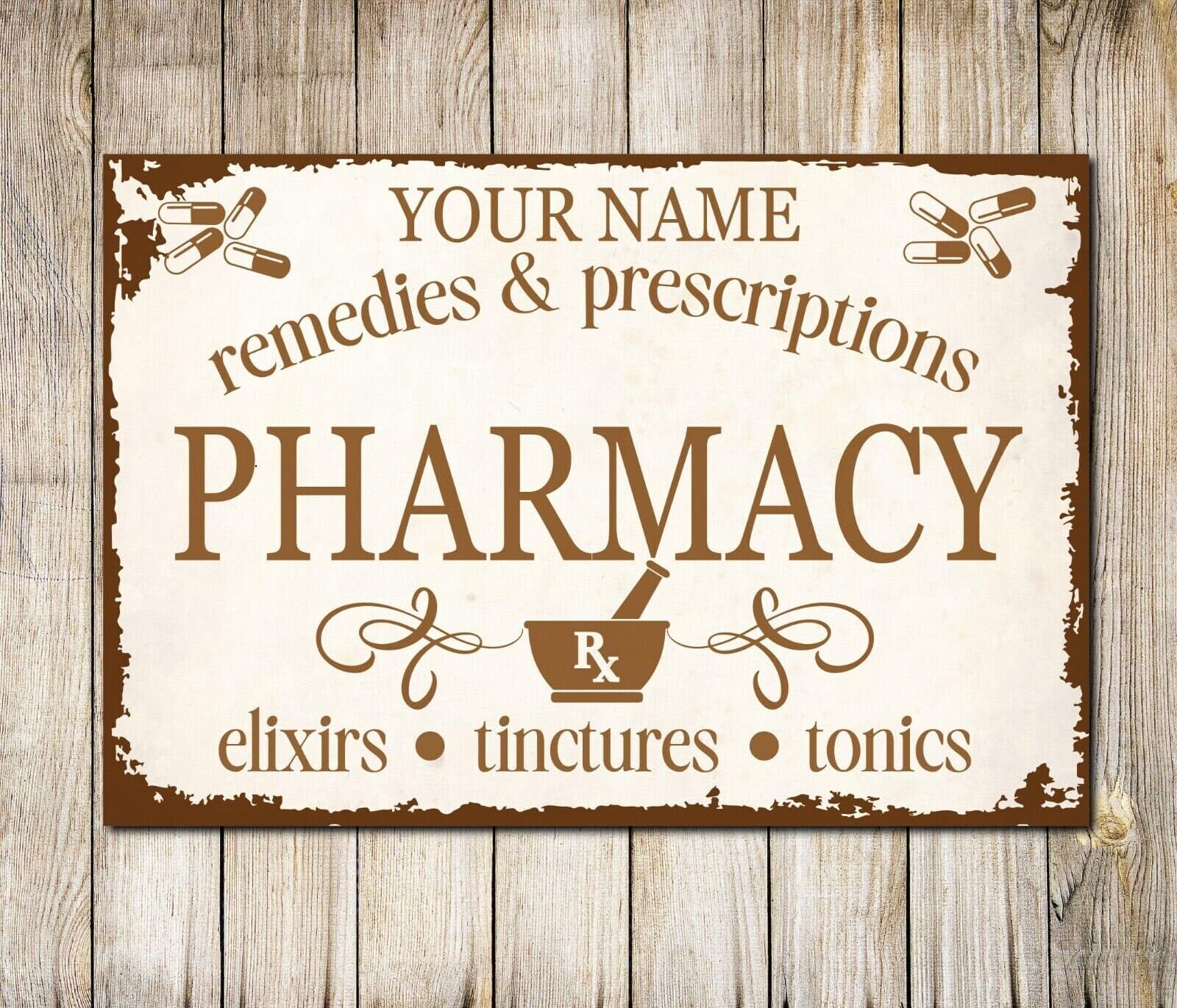 PERSONALISED Vintage Pharmacy Remedies Perscriptions Farmhouse Sign Decor Metal Plaque