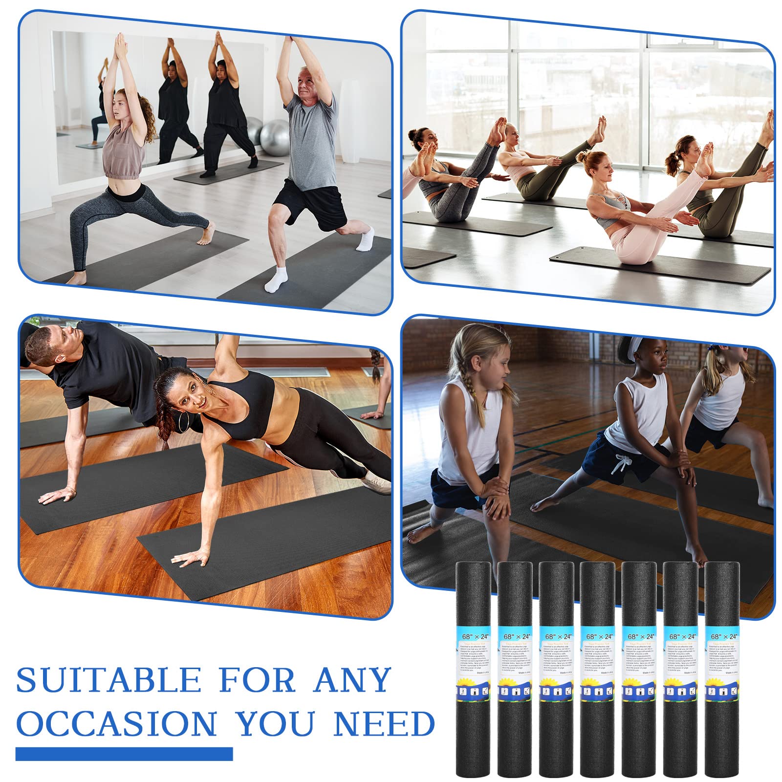 Riakrum 20 alfombrillas de yoga con correa de 72 x 24 pulgadas, tapete de yoga antideslizante para mujeres y hombres, suministros para el hogar (negro)