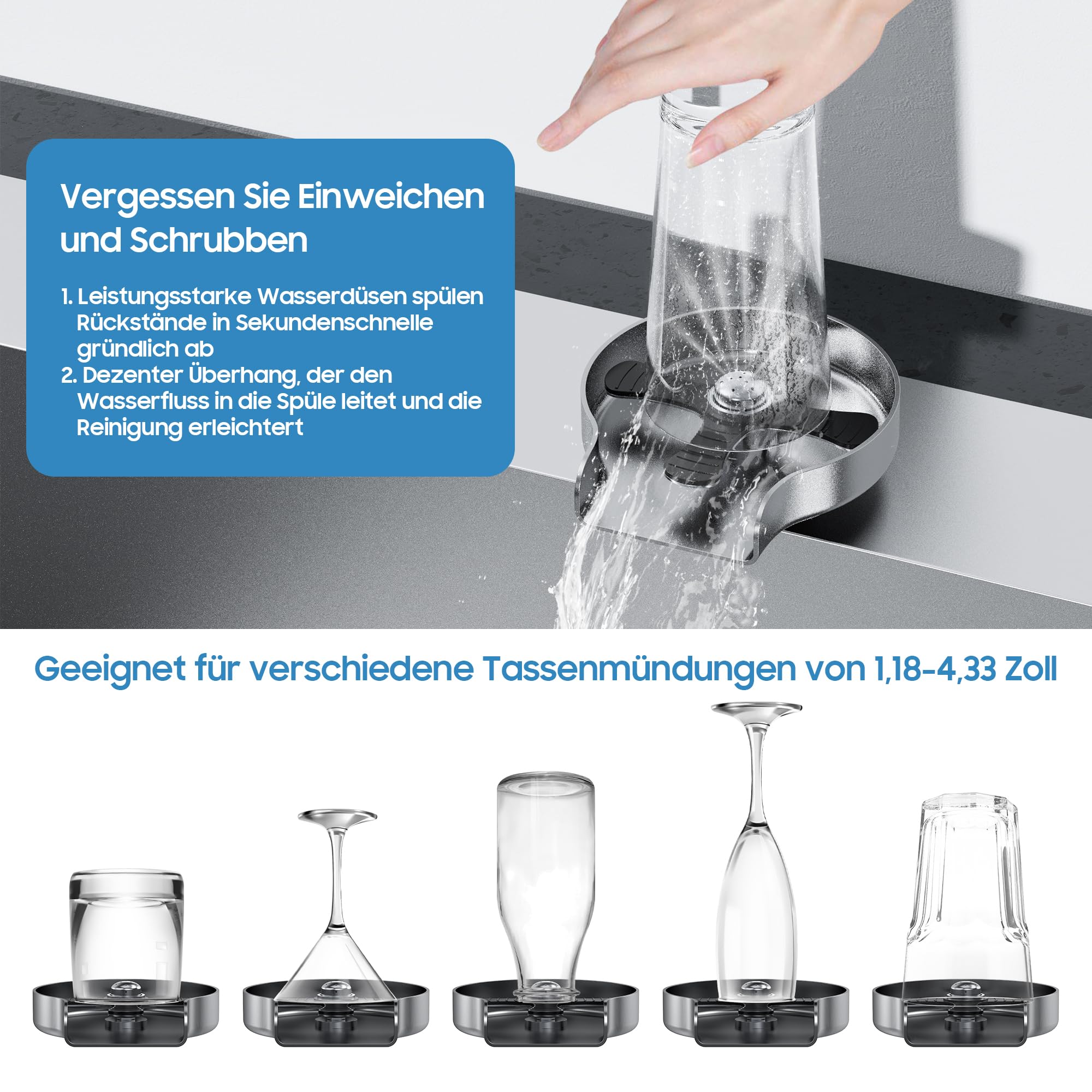 Gläserspüler für die Küchenspüle, Hochdruck-Flaschenreiniger Edelstahl Gläserspüler für dieKüchenspülmaschine, Metall-Tassenreiniger mit gebürsteter Oberfläche, einfache DIY-Installation