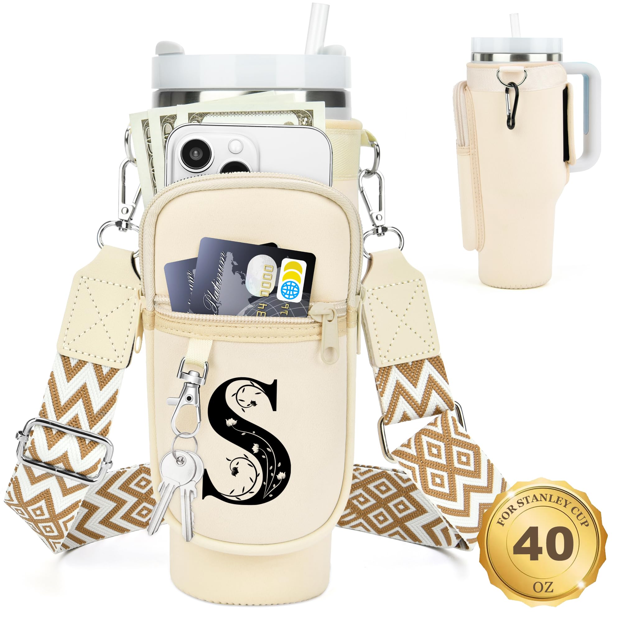 Initial Water Bottle Holder with Strap for Stanley Cup 40 oz Tumbler