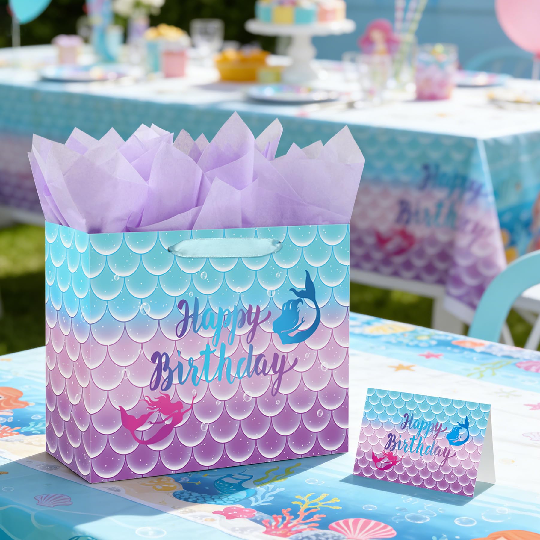 Yusenguan 13" Large Mermaid Happy Birthday Gift Bag with Tissue Paper, Greeting Card and Handle for Kids, Girls Birthday Party
