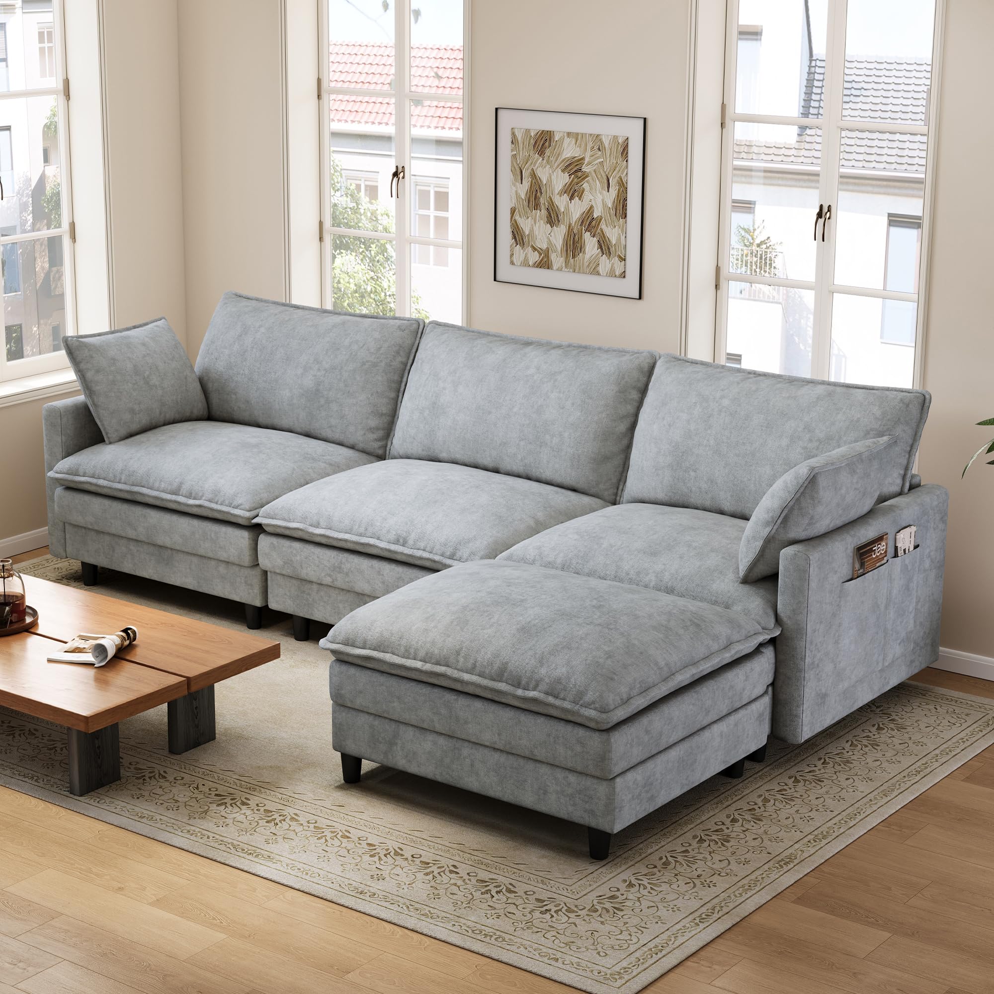 Photo 1 of FAVSH L-Shaped Modular Sectional Sofa, 3-Seater Cloud Couch with Movable Ottoman, Deep Seat Chenille Upholstery, USB & Type-C Charging, Foldable Side Table for Living Room Apartment, Light Gray
