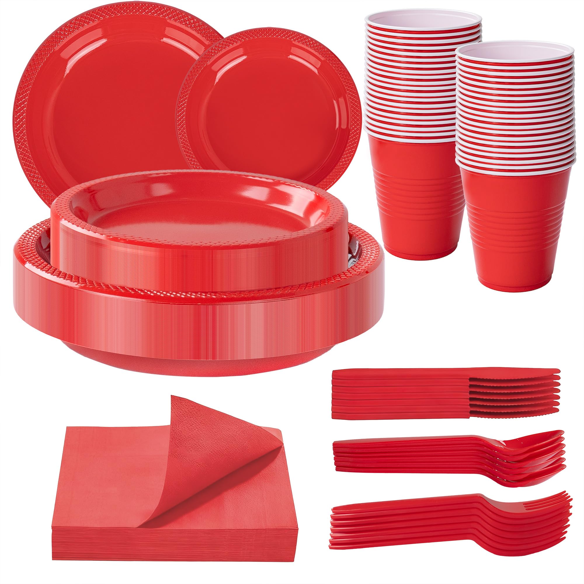 WELLIFE 210Pcs Red Plastic Plates, Disposable Dinnerware Set, Valentine Party Supplies Including Red plates, 12oz Cups, Plastic Cutlery and Napkins Serve 30 Guests,Valentine plates