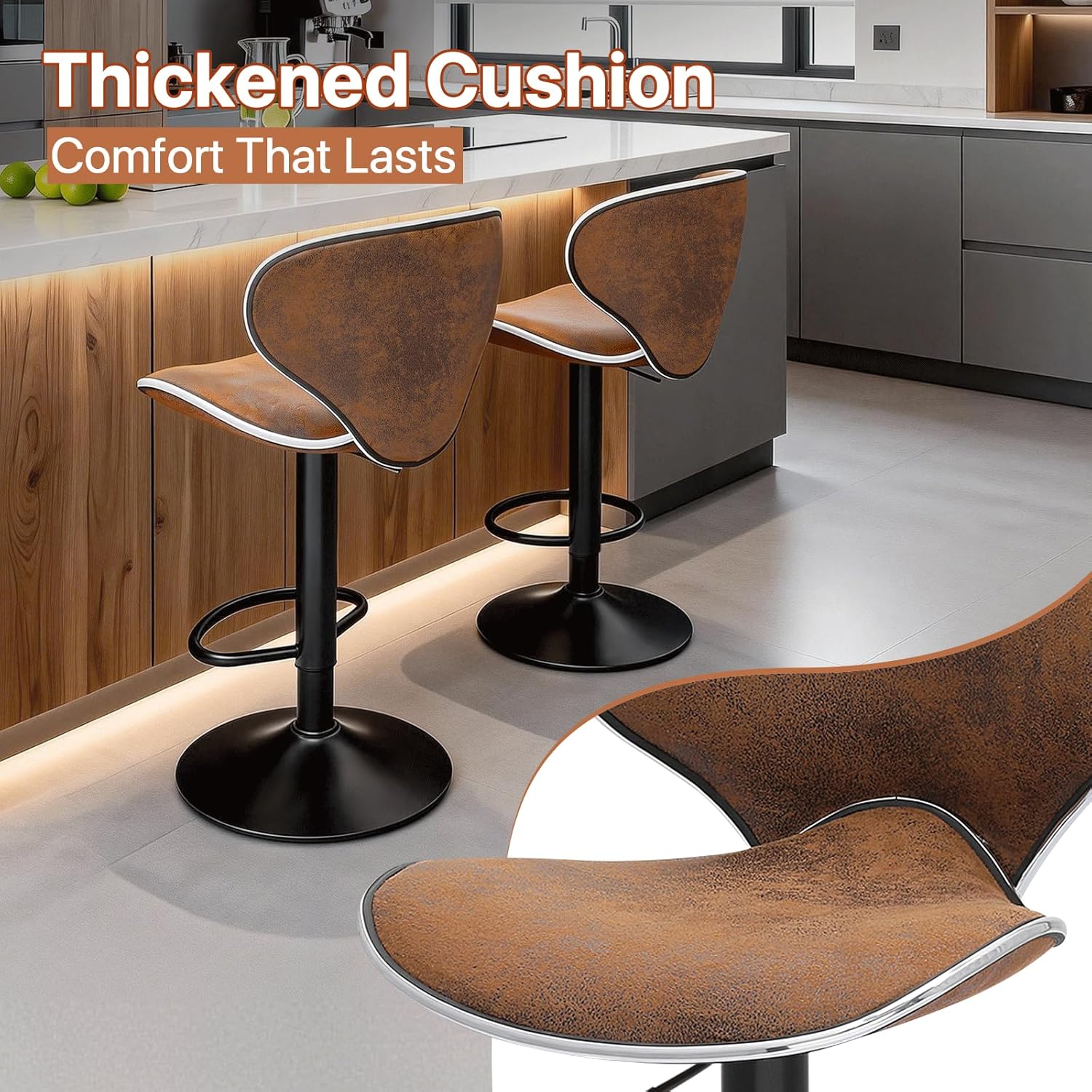 Magshion Bar Stools Set of 2 Adjustable Counter Height PU Leather Modern Swivel Barstools w/Back and Footrest Kitchen Counter Chairs, Coffee Color