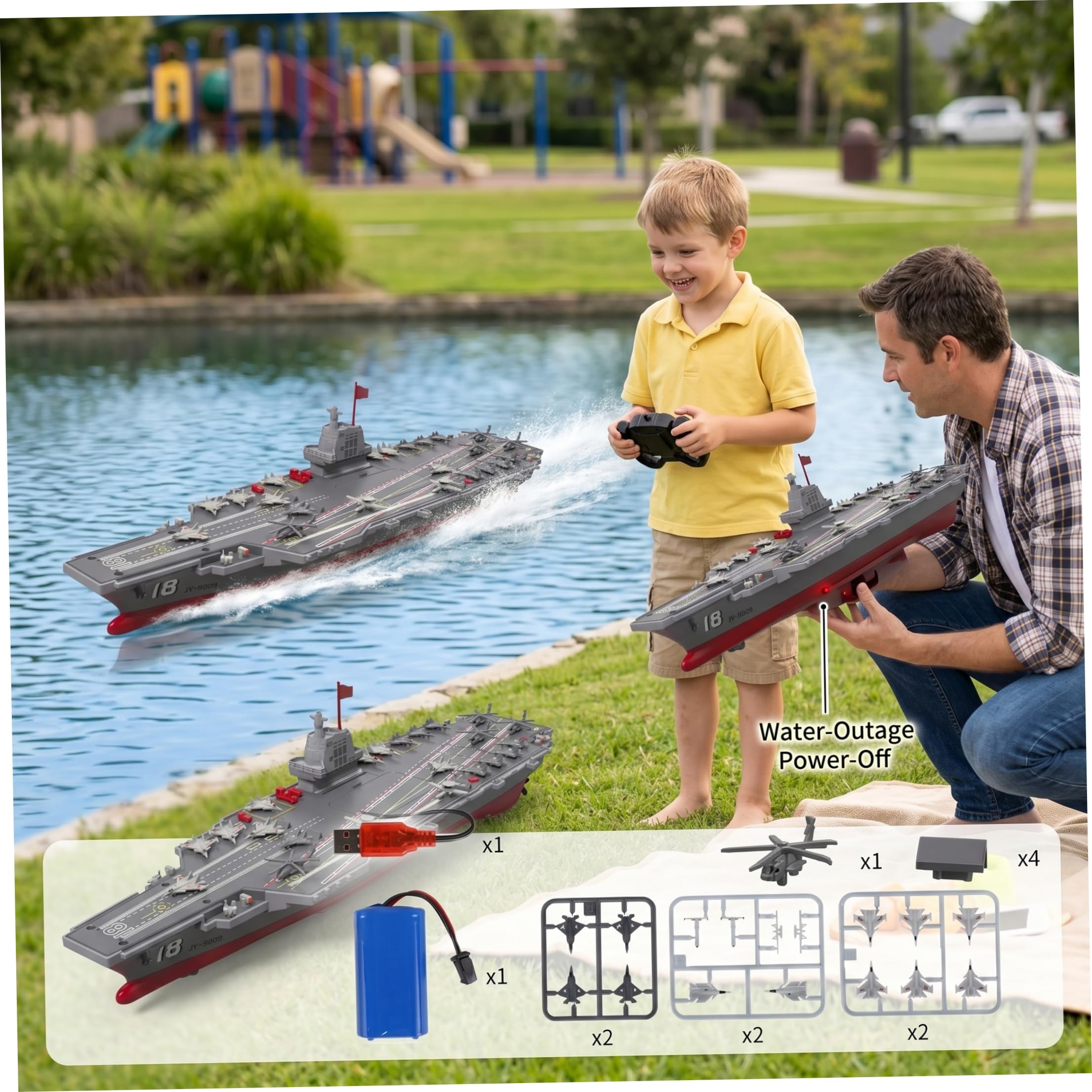 Barco de Control Remoto para niños, Buque de Guerra RC de 2, 4 g con Corte de Seguridad de Apagado de Agua Acorazado RC Recargable por USB para Patio, Piscina, Playa Buque de Guerra Acorazado