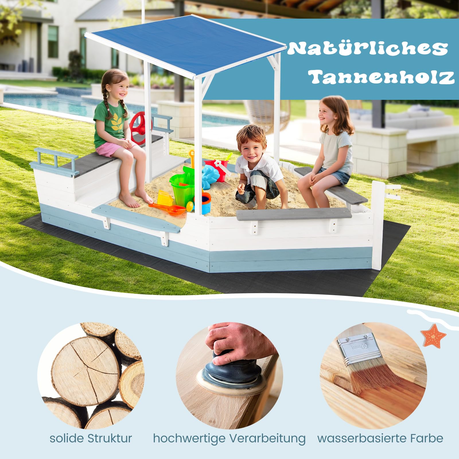 GOPLUS Sandkasten mit Abdeckung, Sandkasten Holz Schiffsförmig mit schrägem Dach, Einlage, Mehreren Sitzen und großem Stauraum, Sandbox Outdoor für Garten, Sandkiste für Kinder ab 3 Jahre