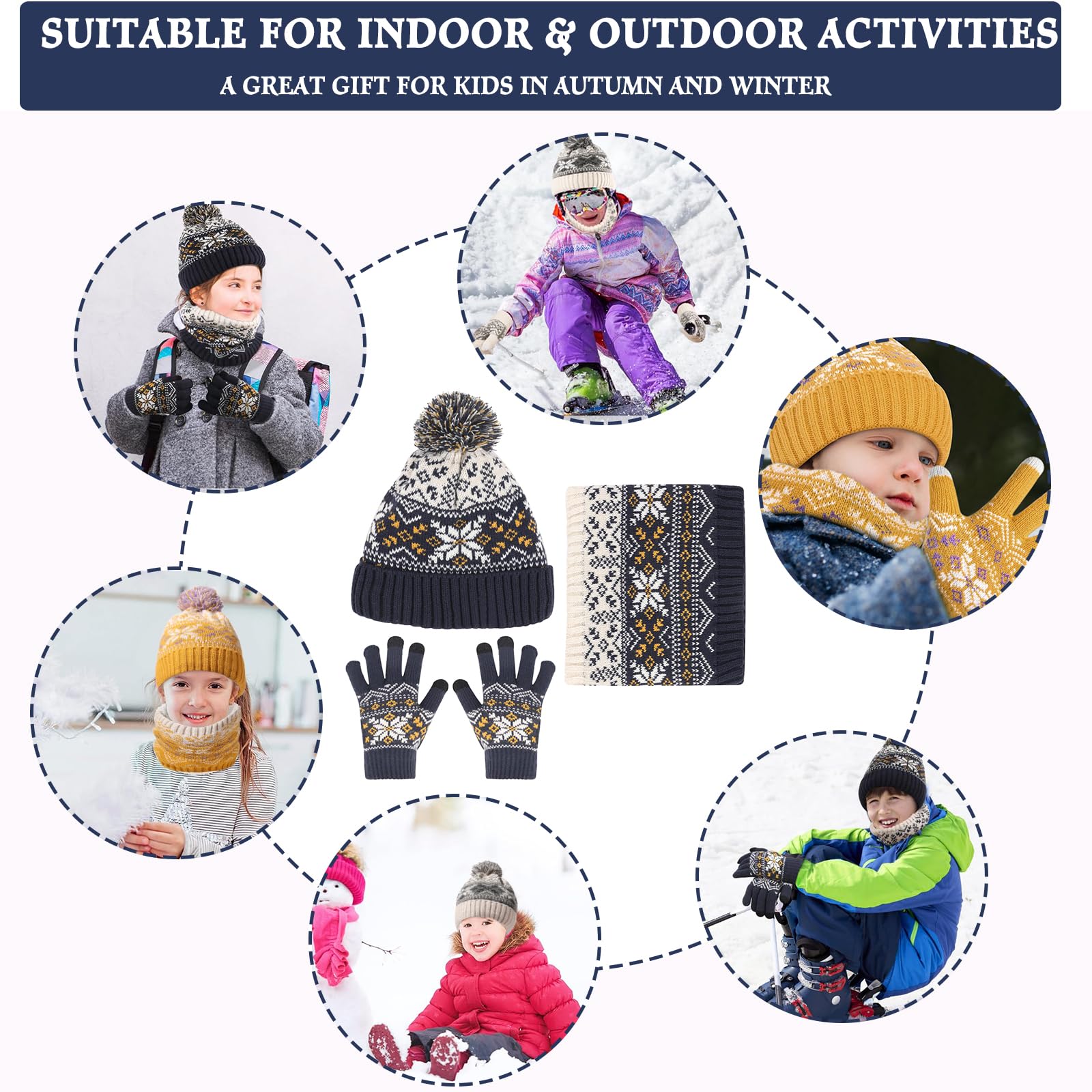 Ensemble de Bonnet Echarpe Gants Hiver pour Enfants de 2 à 7 Ans avec Doublure Double Épaisseur, Bonnets Tricotés avec Pompon et Snood Gant pour Garçons Filles
