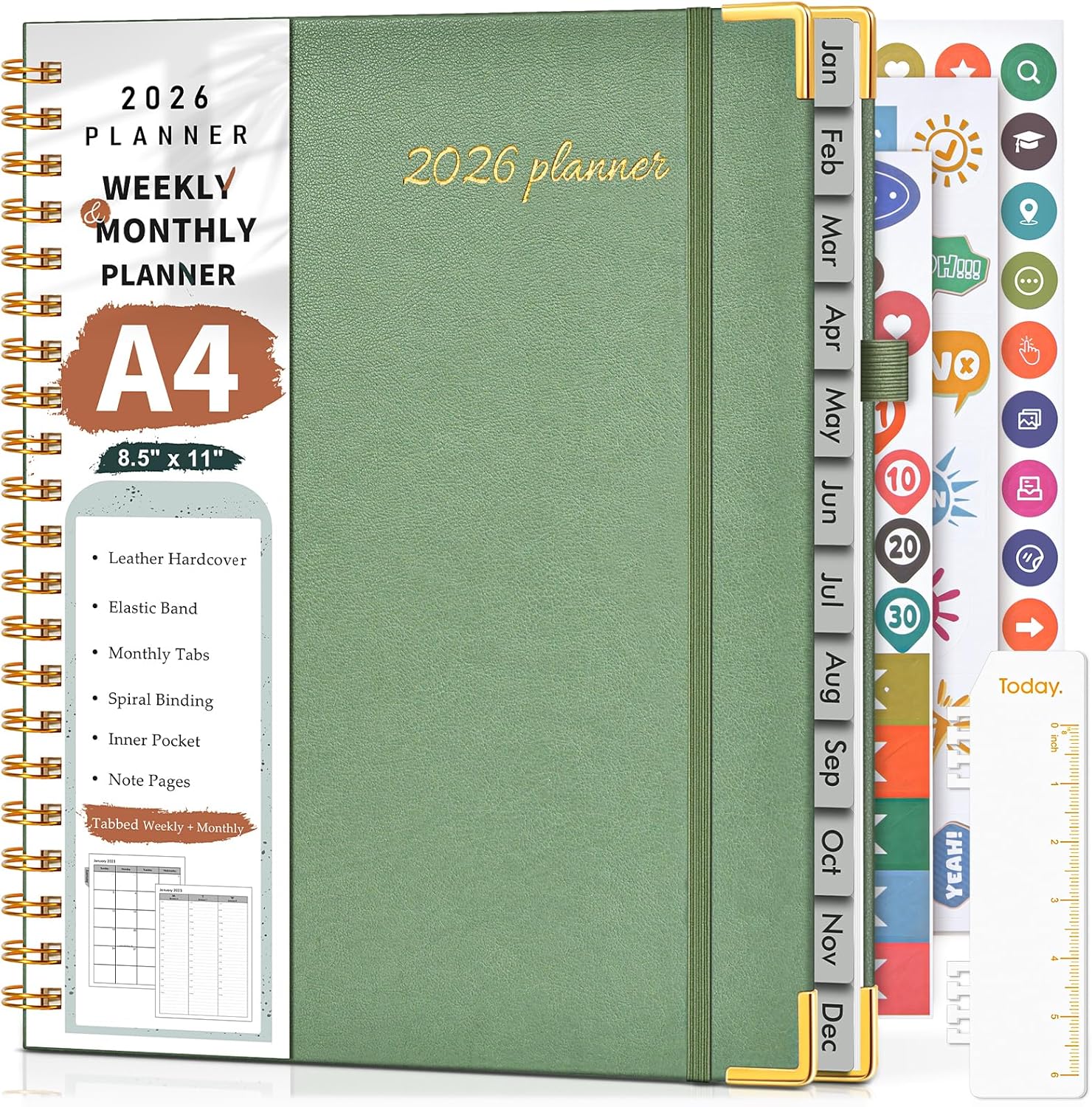 NOTBOKPA 2026 Planner: Weekly Monthly Hardcover Leather 8.5x11 Hourly Tabs Spiral Green for School Work Home