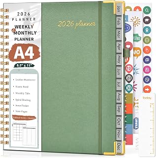 NOTBOKPA 2026 Planner: Weekly Monthly Hardcover Leather 8.5x11 Hourly Tabs Spiral Green for School Work Home