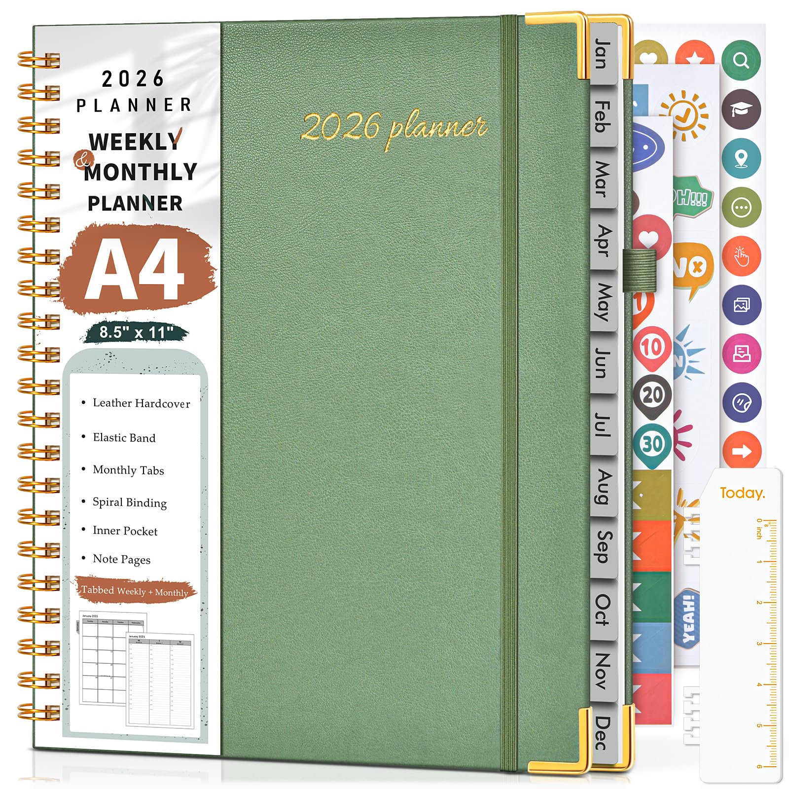 2026 Planner, Weekly and Monthly Calendar Planner from January 2026 - December 2026, 8.5" x 11" Hardcover Leather Hourly Appointment Book with Tabs, Spiral Daily Planners for School Work Home, Green