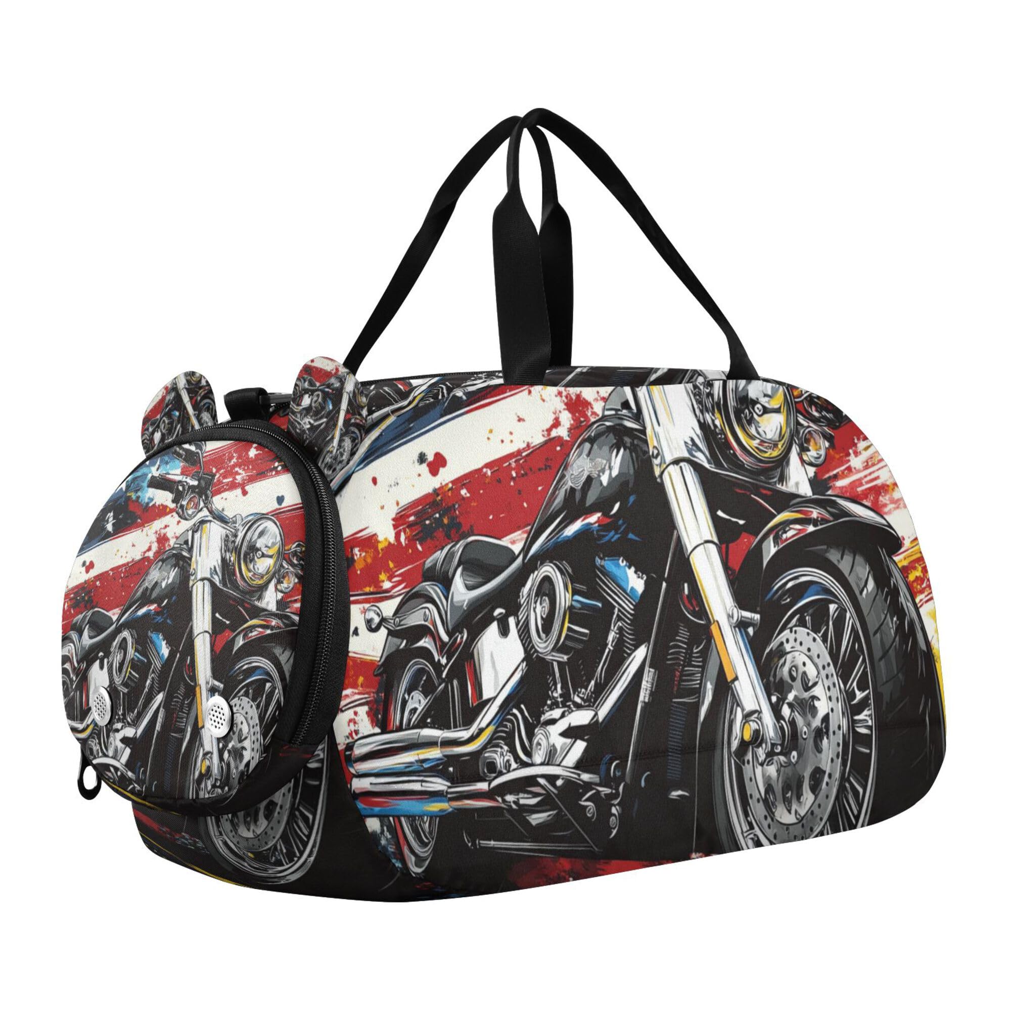 Glaphy Motocycle with American Flag Duffle Bag for Toddler Boys Girls, Gym Sports Bag with Shoe Compartments, Kids Travel Overnight Weekender Shoulder Bag