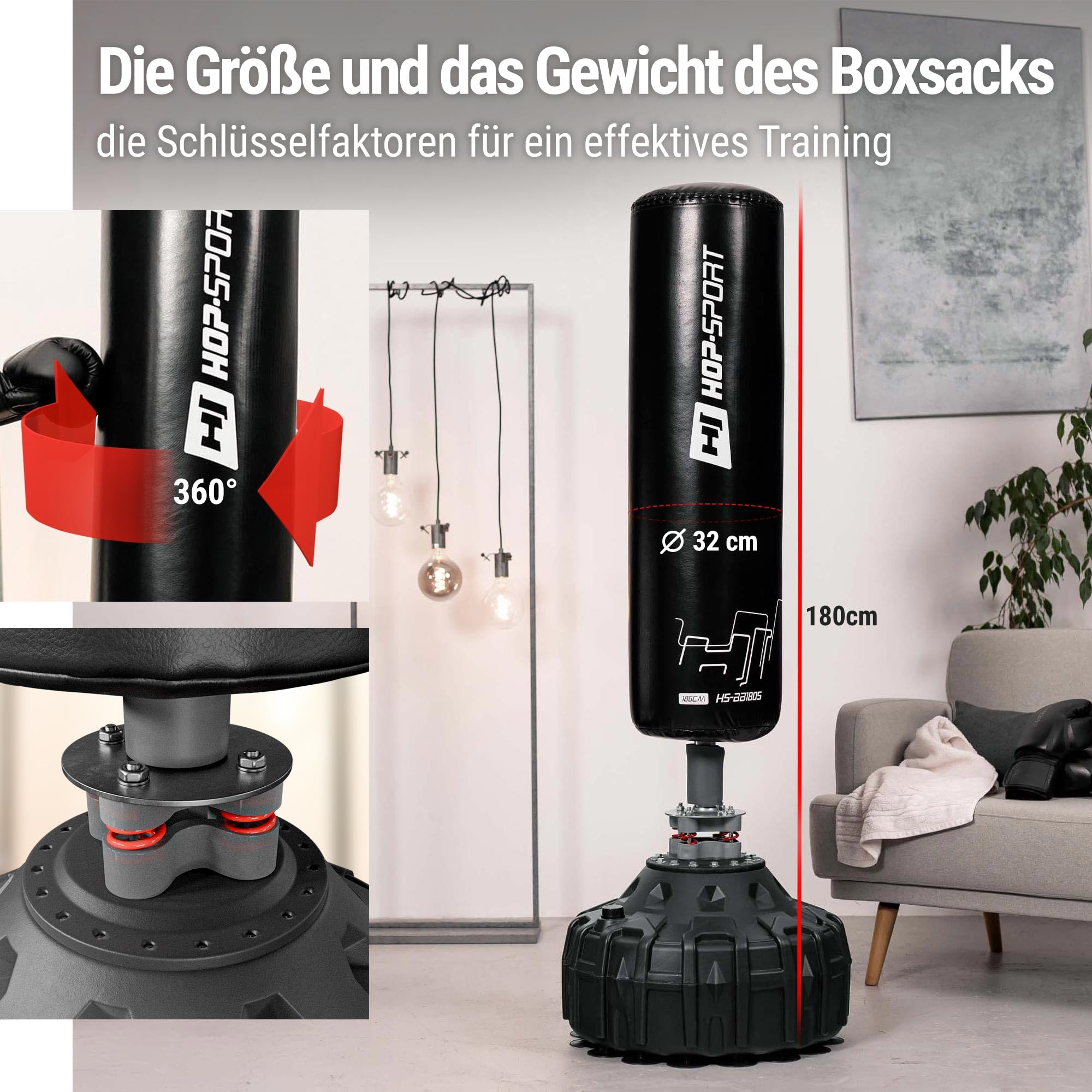 Hop-Sport Stehender Boxsack Sack für Zuhause mit Anti-Schock-System, Ideal für Kampfsport und Krafttraining, 360-Grad-Rotation, Sand/Wasser befüllbar, Stabil durch Saugnäpfe
