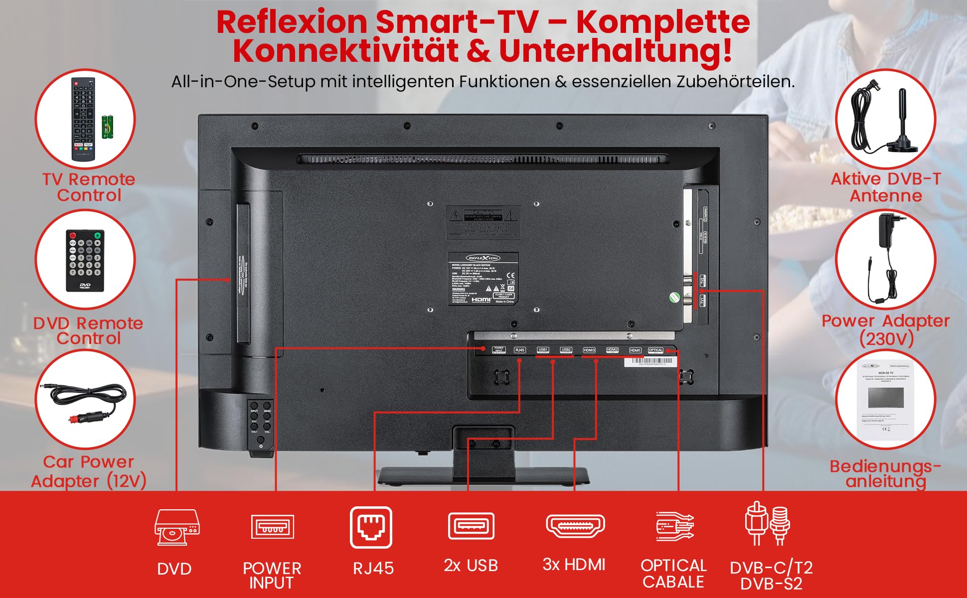 REFLEXION LDDX24IBT-Black Smart LED Fernseher 24 Zoll / 60cm, LG webOSHub, Wohnwagen/Wohnmobil/Camping/Caravan/Boot/LKW TV, Slimline, 12/24/230 Volt, Full HD, Triple Tuner, Bluetooth, WLAN, DVD-Player