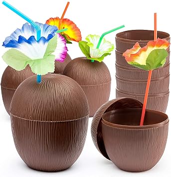 PREXTEX Coconut Cups with Flower Straws & Twist Close Lids 12 Pack, 16oz for Luau Party Decorations, Pool Parties, Tropical Tiki Parties, Summer, Hawaiian Themed Party Decorations
