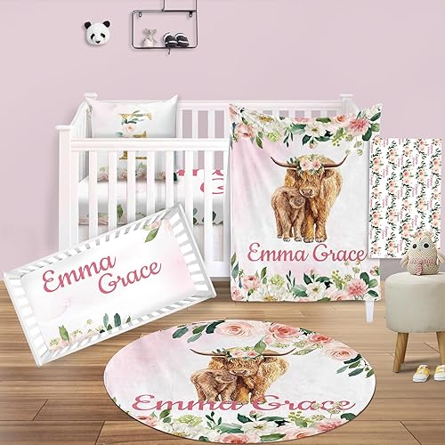 KAINSY Juego de ropa de cama personalizado para cuna, 5 piezas, juego de cuna de bebé personalizado con nombre, juego de ropa de cama de cuna para
