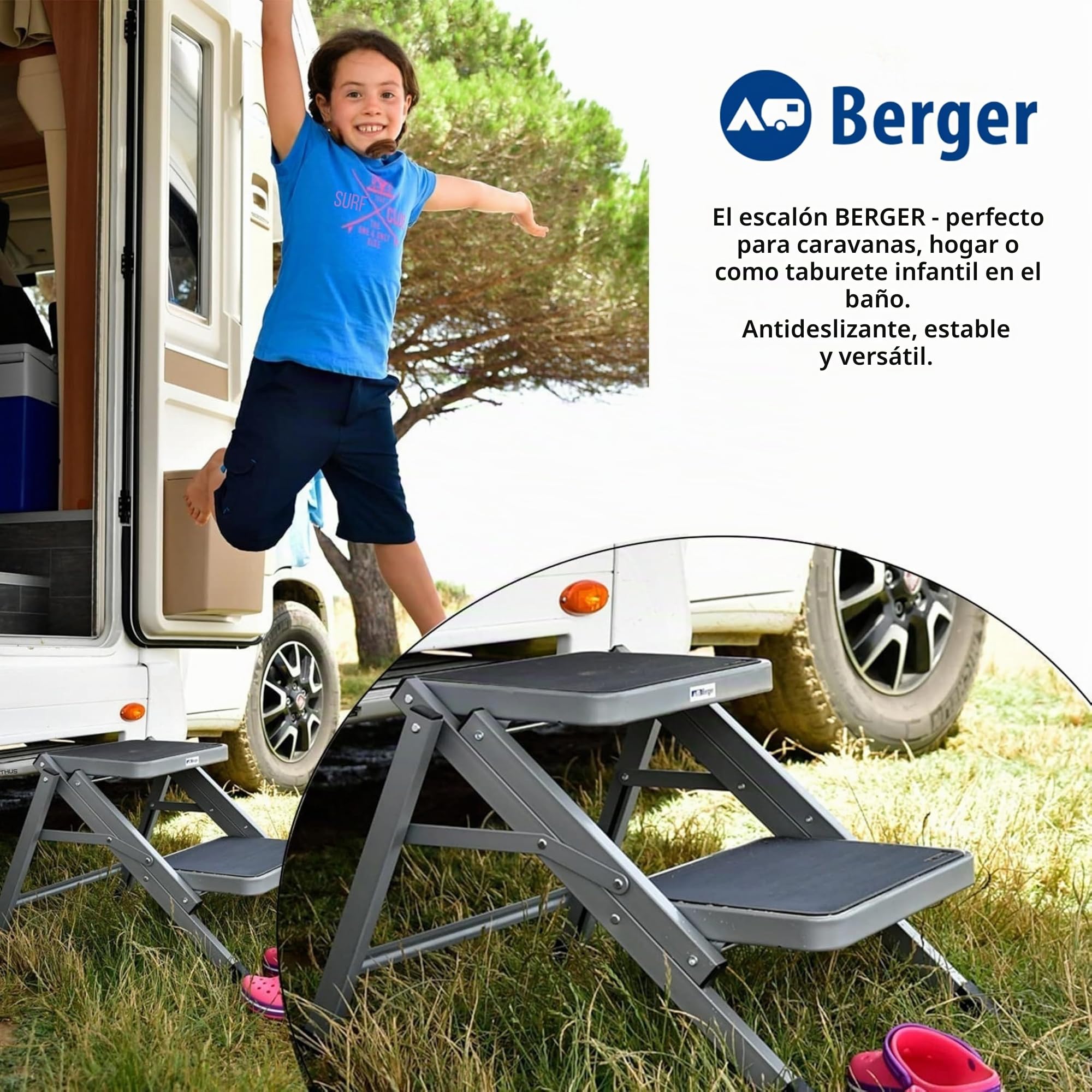 Berger Escalera Dos peldaños | escalón para caravanas | Peldaño Plegable | Escalera para Caravana | Taburete Caravana | Peldaño Caravana | Escalon Autocaravana | Escaleras Plegables, hasta 130 kg