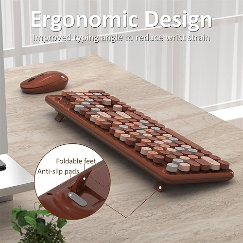 Miniatura 3 de Teclado y mouse inalámbricos, teclado retro de tamaño completo con teclas redondas, 2.4 GHz para Windows, Mac, laptop, PC, escritorio (café colorido)