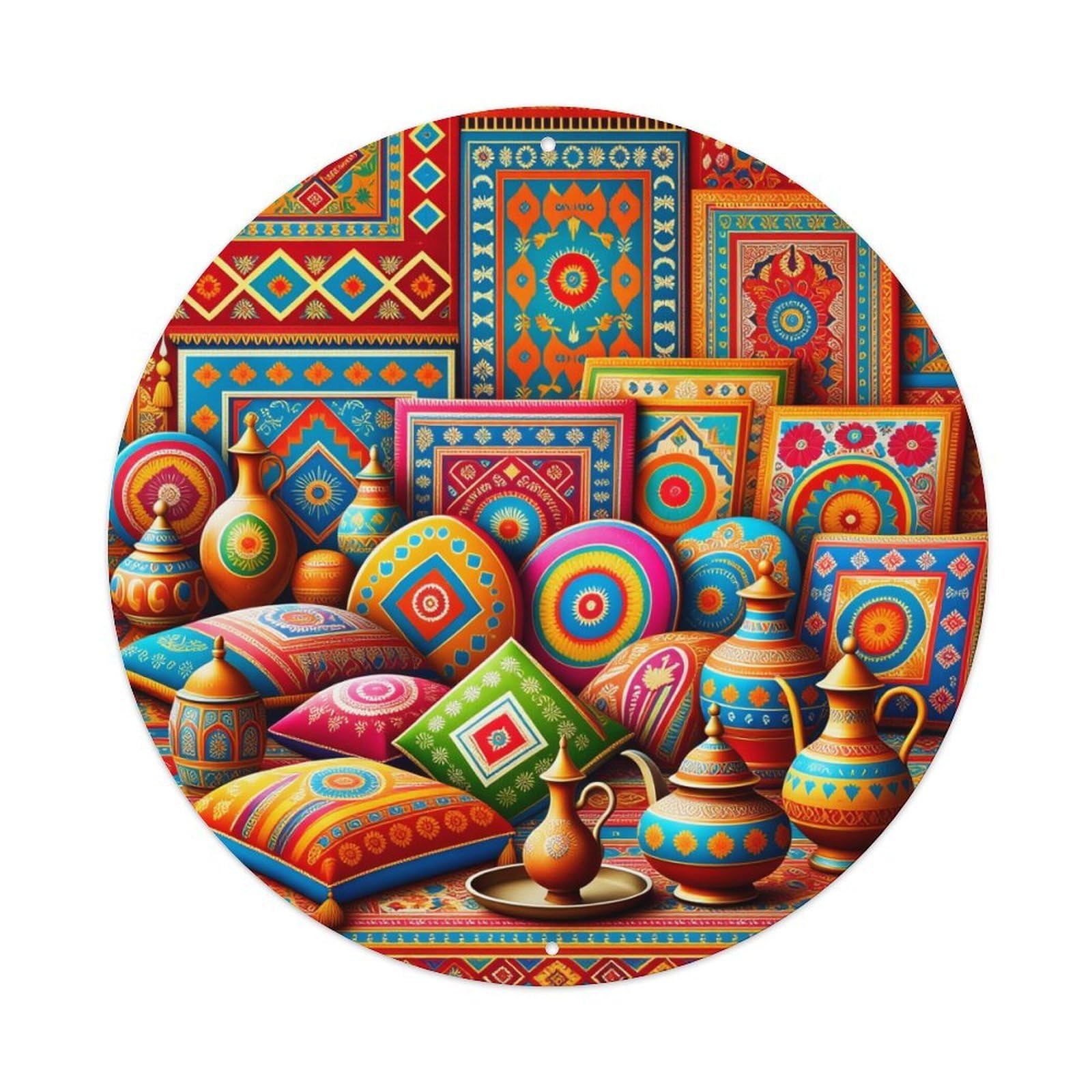 Geometric Floral Tribal Patterned Vibrant Round Tin Sign Vintage Metal Poster, Home Bar Garage Man Cave Cafe Indoor & Outdoor Wall Decoration 8x8Inches
