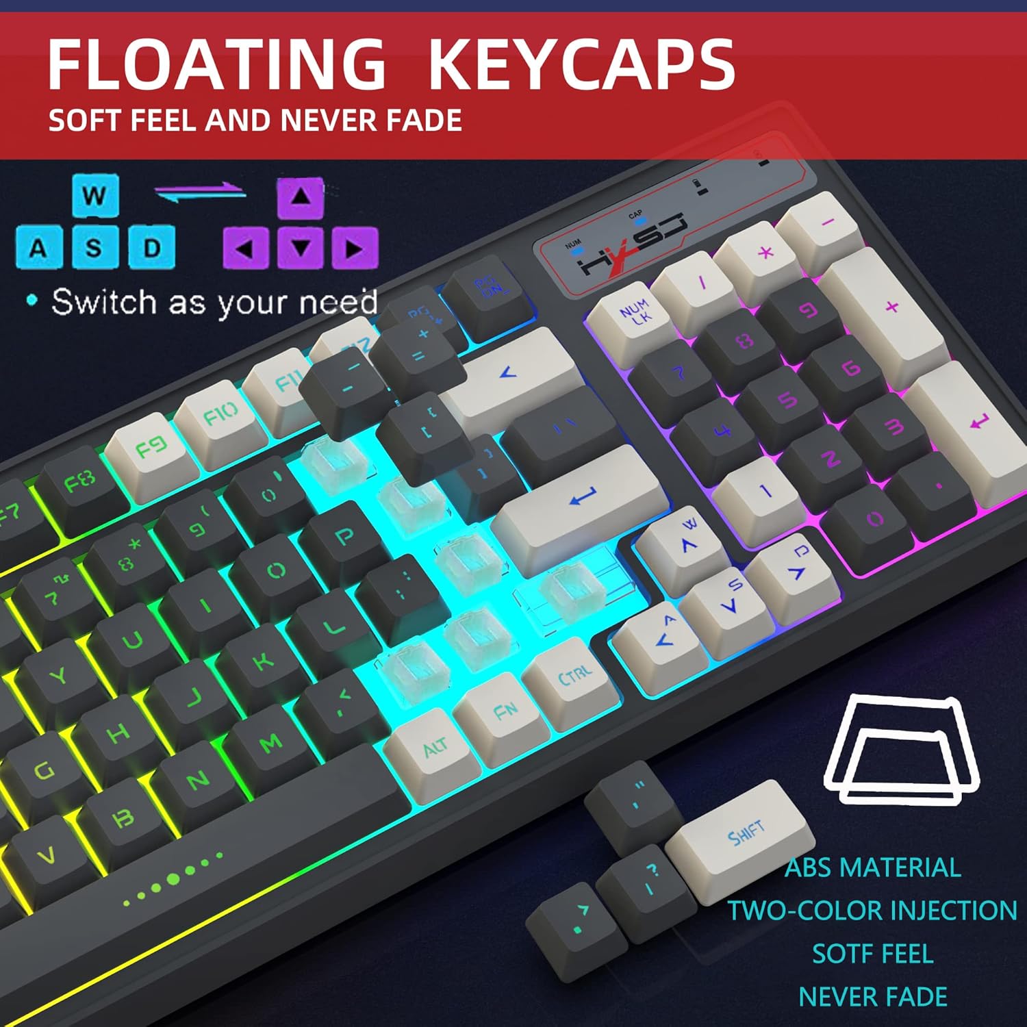 FELICON Wireless Gaming Keyboard 2.4G Rechargeable RGB Backlit Mechanical Feel Multimedia 96 Key with Number Pad Double-Shot Keycap Anti-ghosting Ergonomic Waterproof for Mac PC Xbox PS4 Gamer Typists