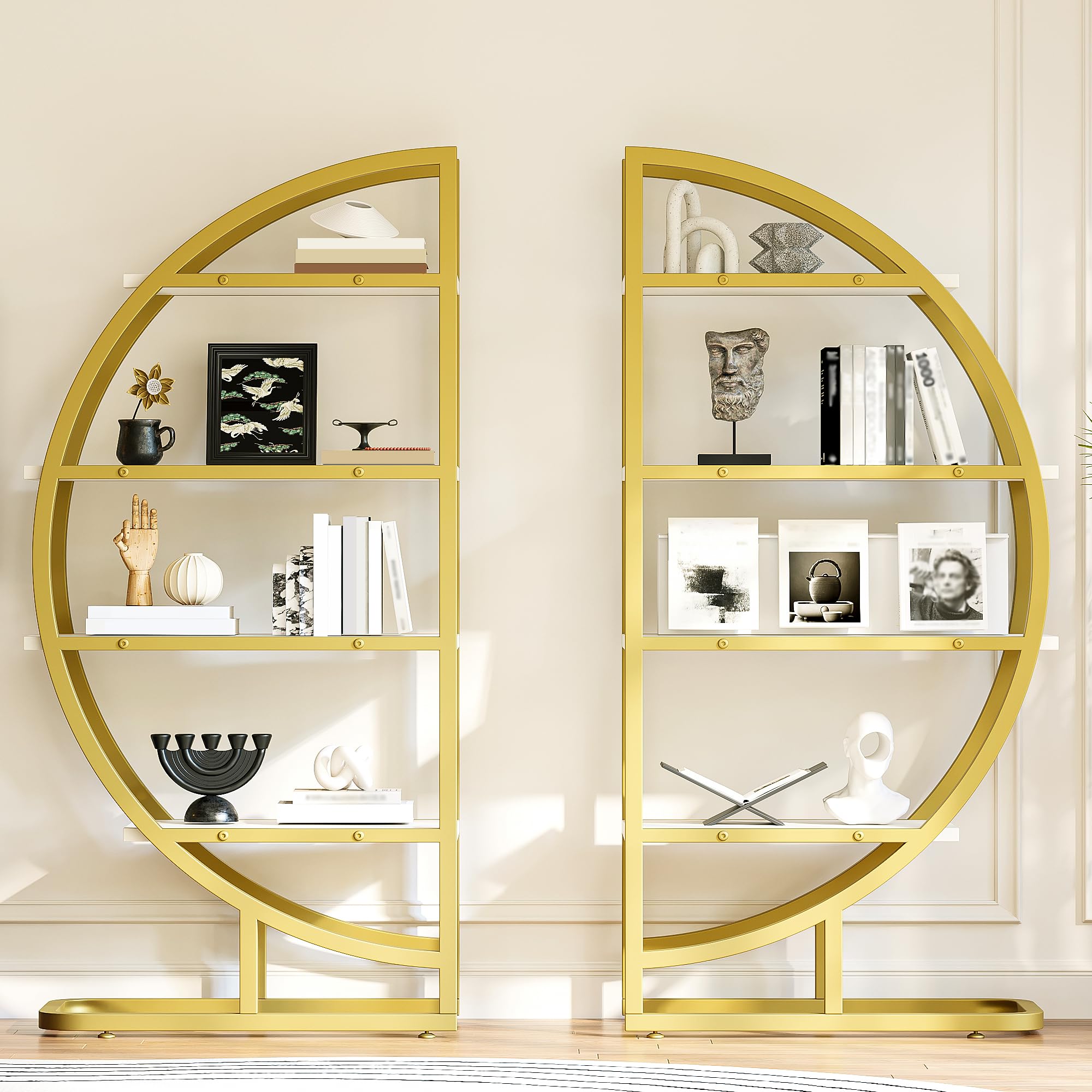 Scaffale ad Arco con Metallo e MDF, per Soggiorno, Oro e Bianco, Set di 2