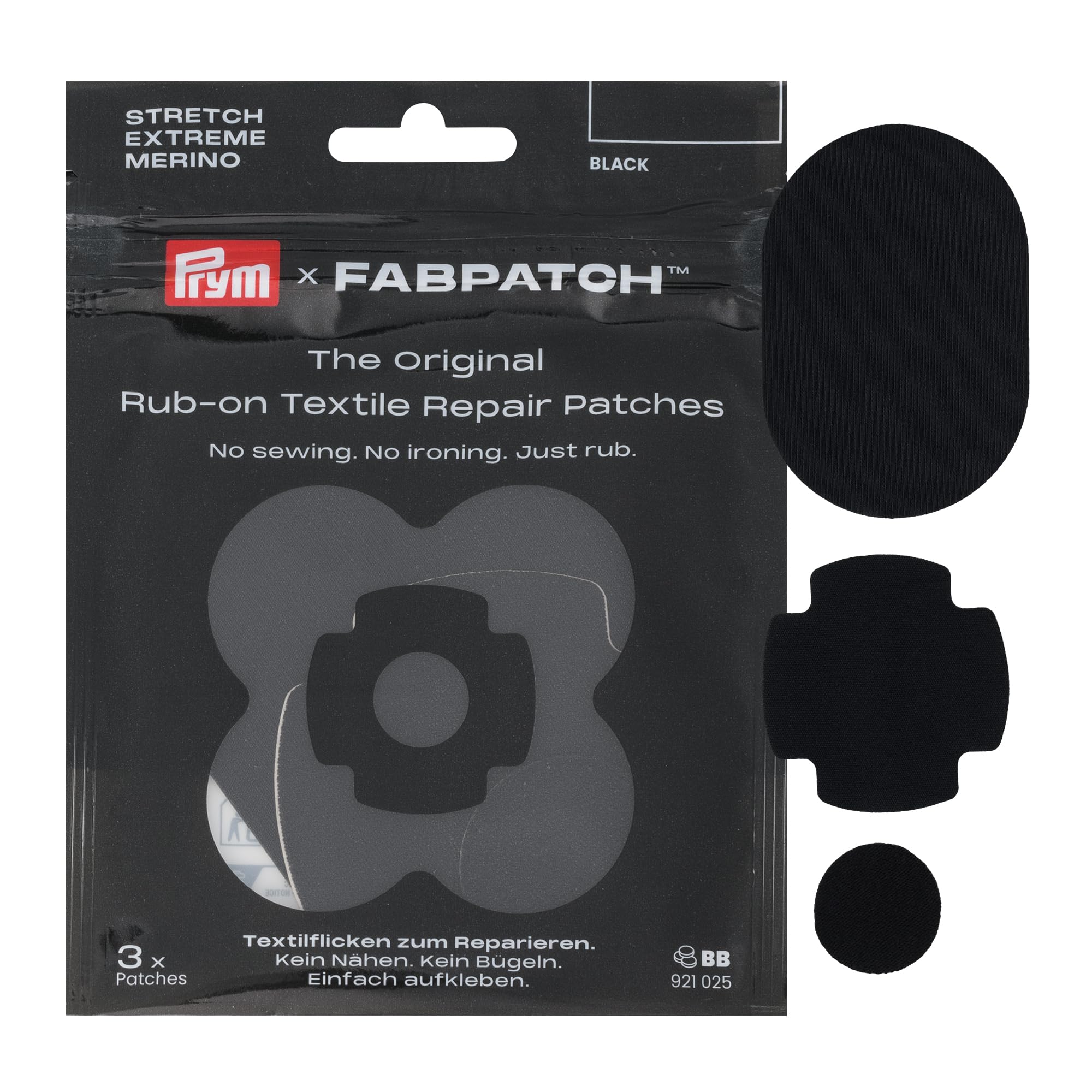 Prym FabPatch 921025 Kit de réparation autocollant, noir, 3 pièces, avec extrême, stretch et mérinos, pour vêtements d'extérieur, vêtements de sport, textiles en laine, sans couture ni repassage