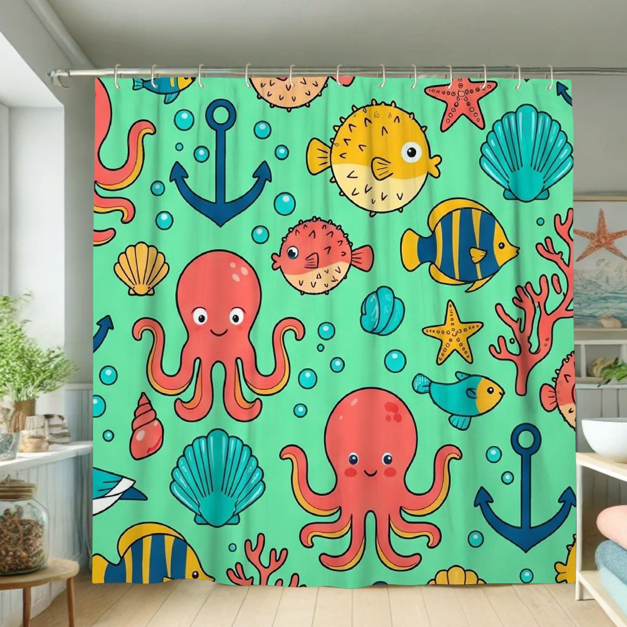 Rideau de douche en toile haut de gamme à motif ancres et pieuvre marine