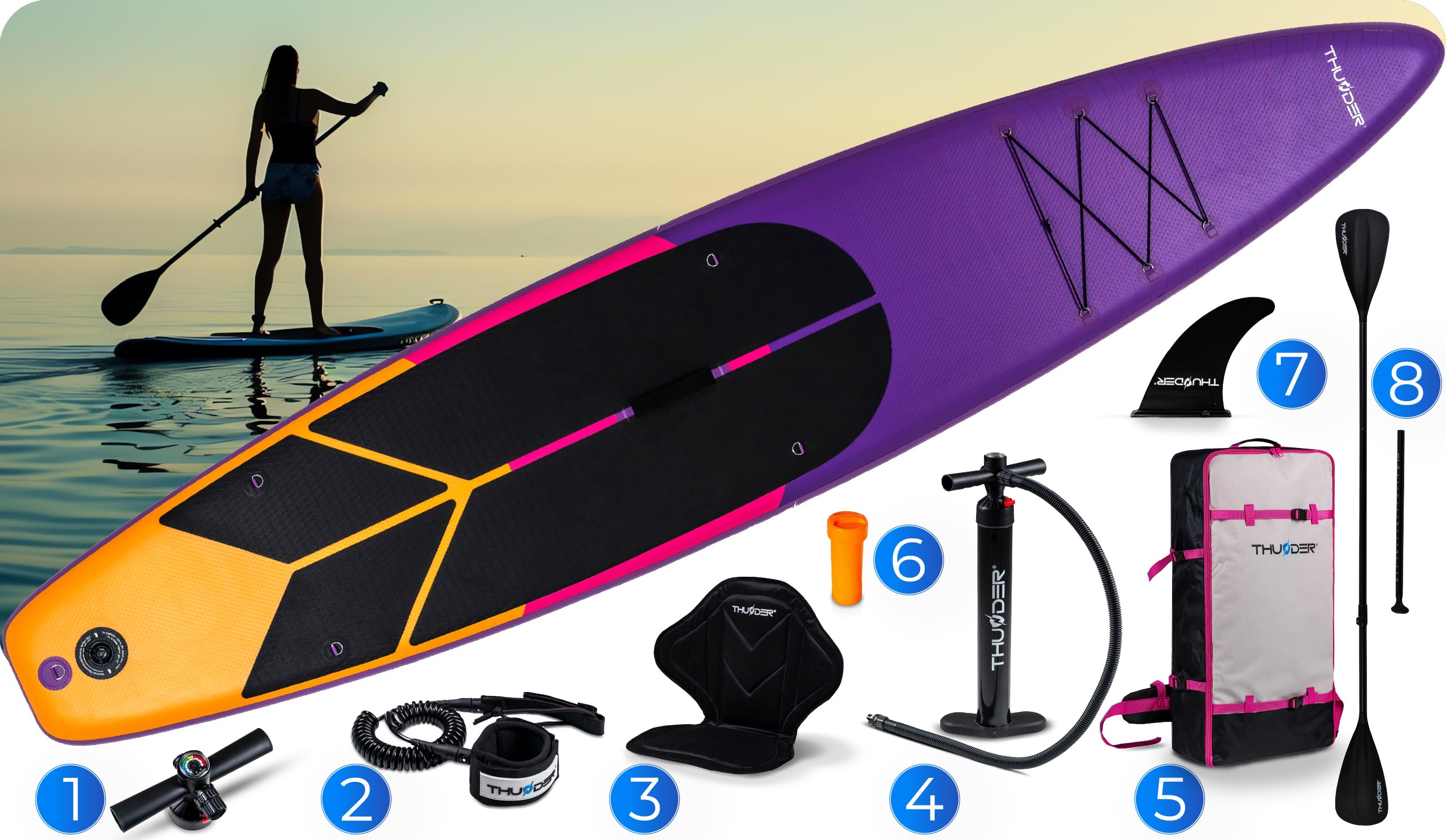 THUNDER Tabla de Sup Inflable 365 cm con Asiento de Kayak – Set de Stand Up Paddle con Bomba, Remo y Mochila – Touring Sup para Adultos y Principiantes hasta 150 kg