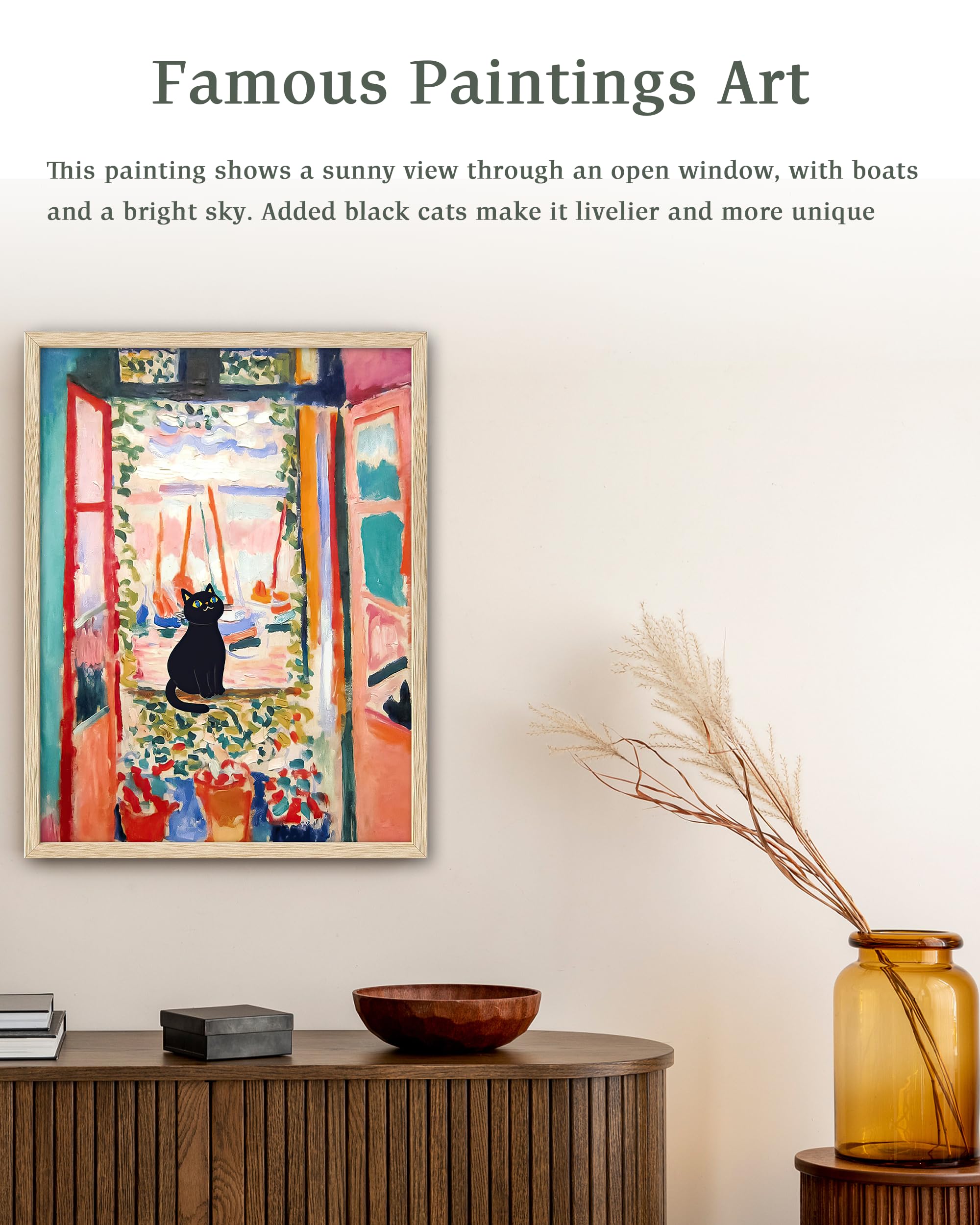 UPWOIGH Natural Oak Beige Wood Framed Canvas Wall Art,12x16in(30x40CM),Henri Matisse The Open Window Black Cat Print Poster - Image 4