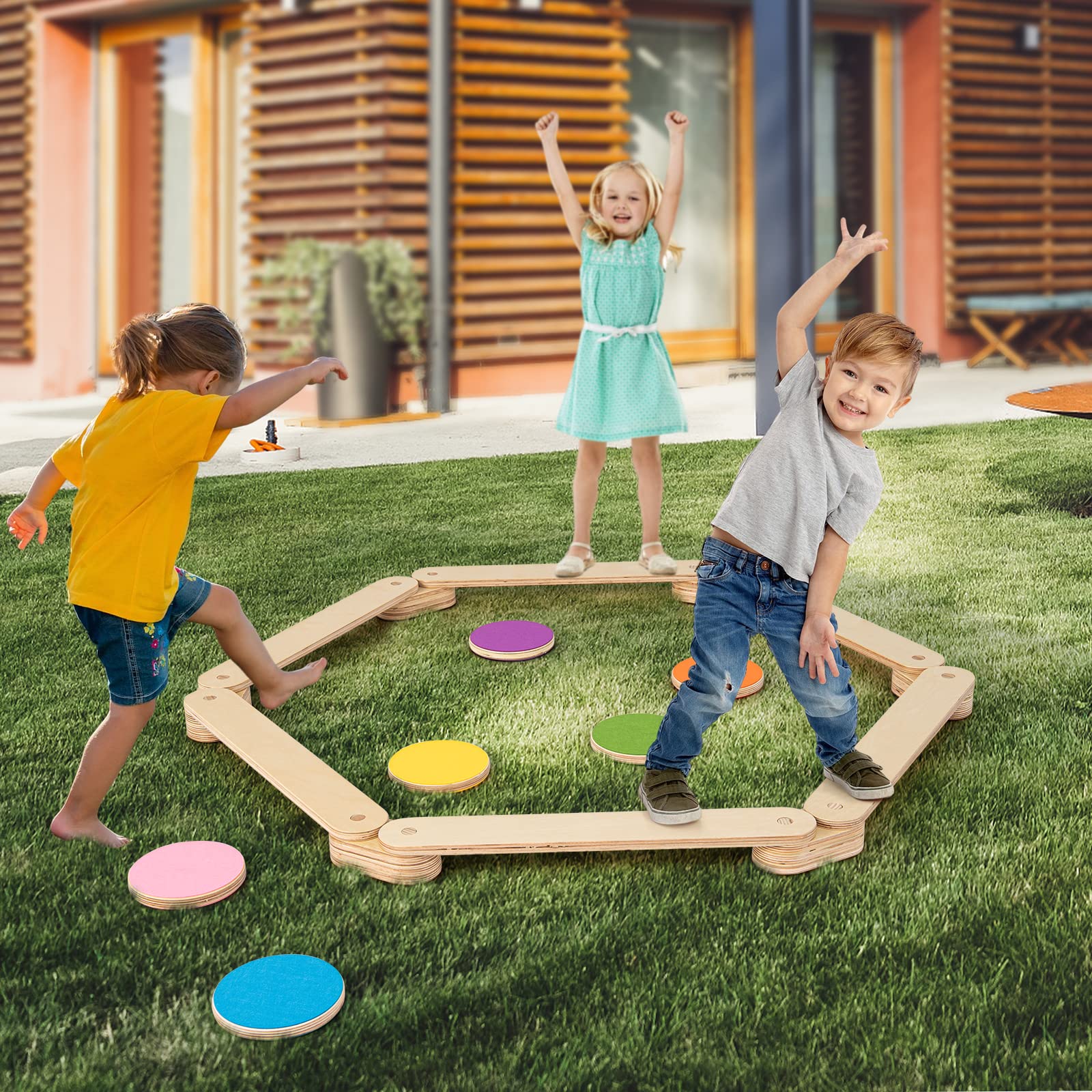 GOPLUS Poutre Équilibre Enfant, 12PCS Parcours de Motricité avec Pierre de Marche, Jouets d'Équilibre Intérieur en Bois, Charge 40 kg, pour 3-7 Ans, Multicolore
