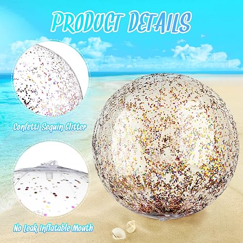 Miniatura 2 de Chivao 10 bolas de playa inflables con purpurina de lentejuelas, bolas de playa gigantes de confeti de piscina de 24 pulgadas y 16 pulgadas, Con