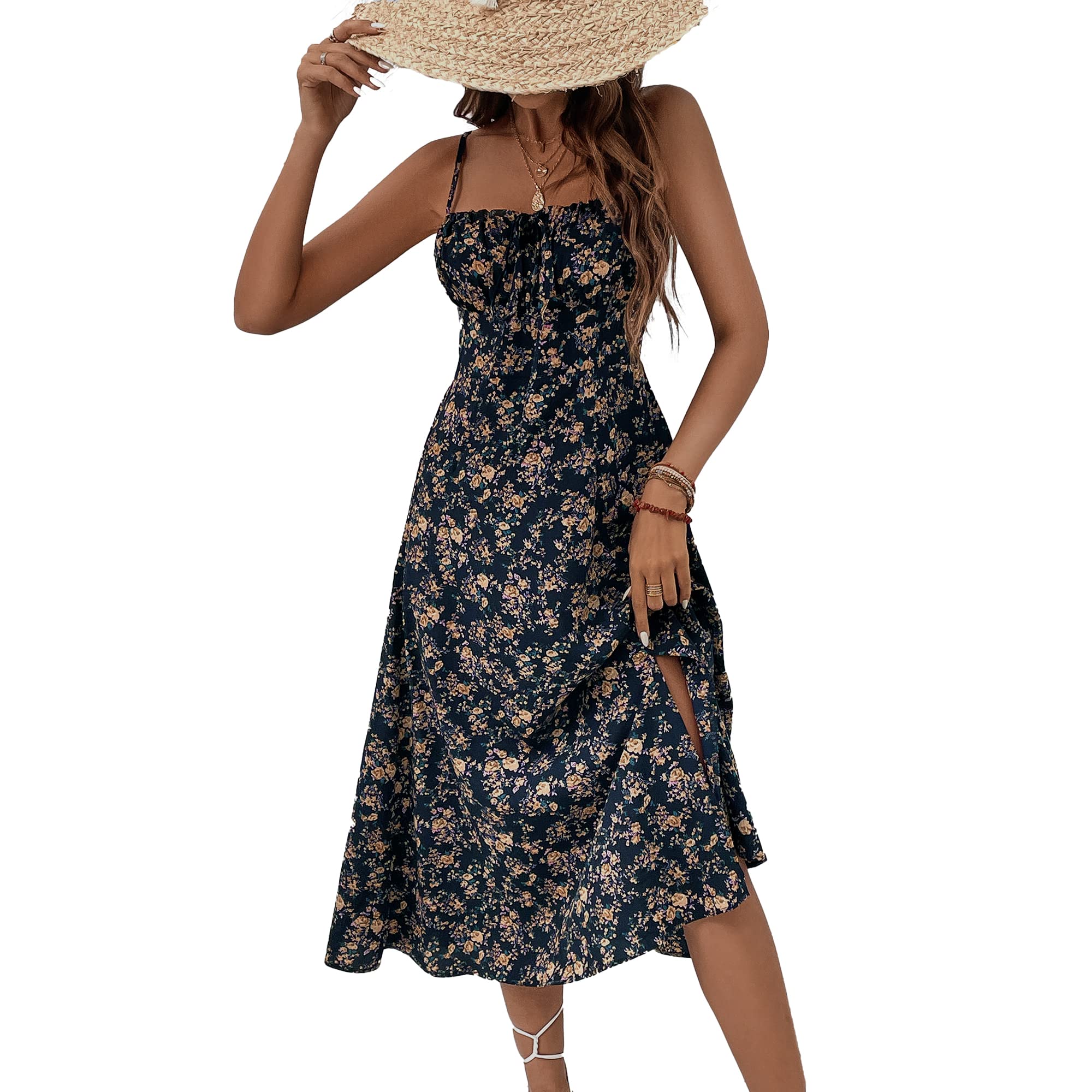 BROVAVE Women's 2023 Summer Dress Floral Print Spaghetti Strap Square Neck Tie Front Smocked Midi Dress Beach Sun Dress