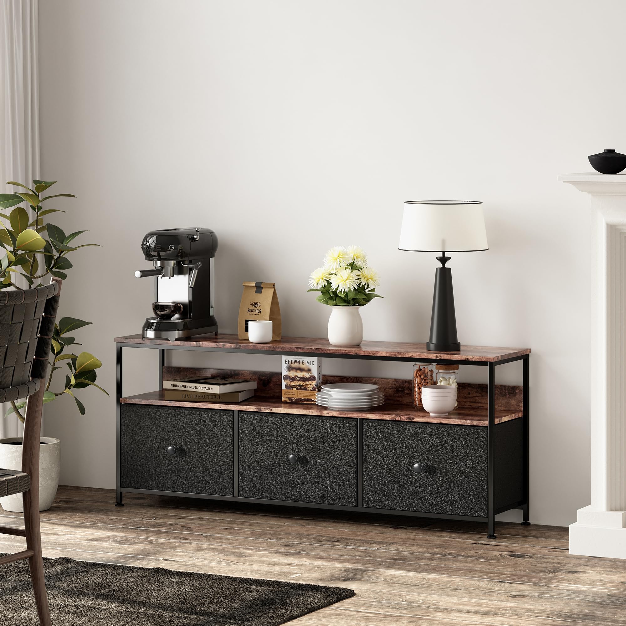 MEXUS Meuble TV, LED Meuble Tele Haut, Meuble TV avec Rangement, 3 tiroirs en Tissu, Intégrez Solutions Rangement Optimisez Visionnage Améliorez L'esthétique (Noir, 108cm)