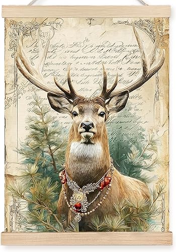 FDHSPAAM Decoración artística de pared de reno navideño, decoración retro de Navidad, pósteres de arte de pared botánico de pino de ciervo rústico