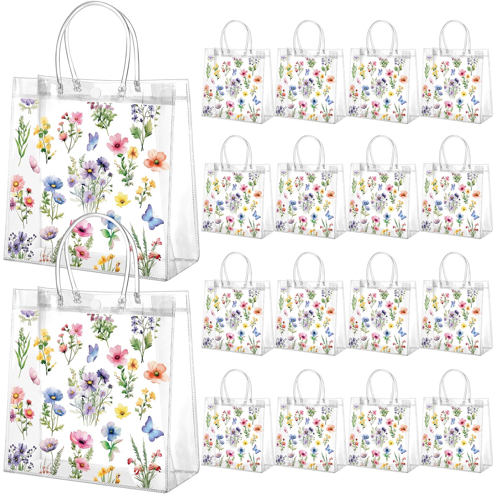 Resholder 24 Pcs Spring Floral Clear Gift Bags Wildflowers Goodie Bags with Handle 8 x 8 x 3.15 Inch Return Gift Wrap Tote for Guests Birthday Bridal Shower Wedding Tea Spring Summer Party Supplies