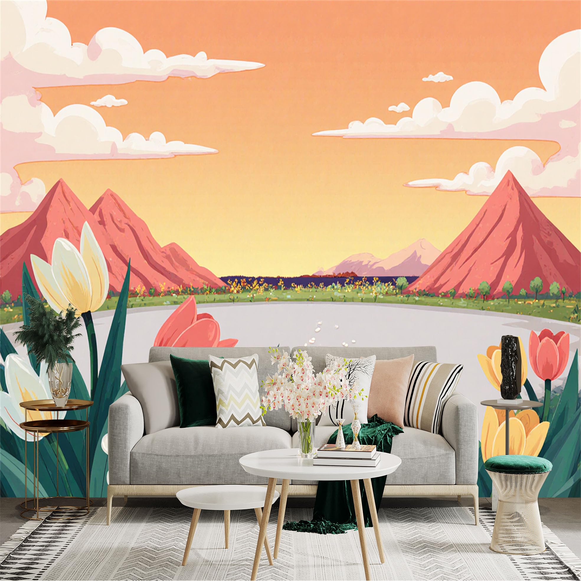 Custom Size Wall Sticker Mural， Colorful Tulip Flowers in Spring， Serene Lake and Mountains Landscape， Sunset Sky View， for wall Decoration， peelandstick wall Decals.