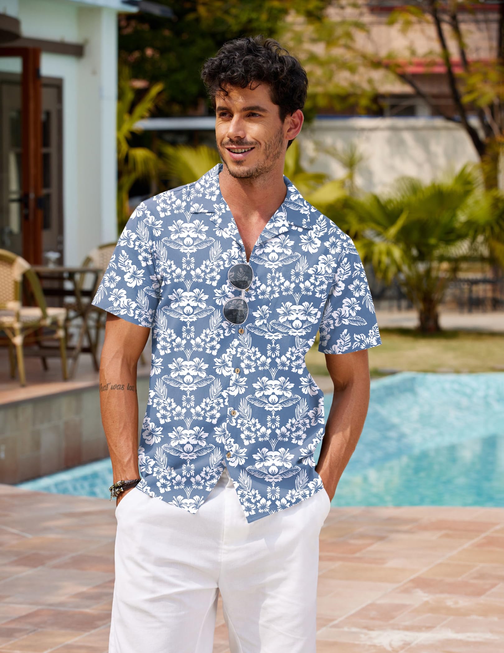 COOFANDY Camisa de Lino Manga Corta Hawaiana de Verano Playa Impresa