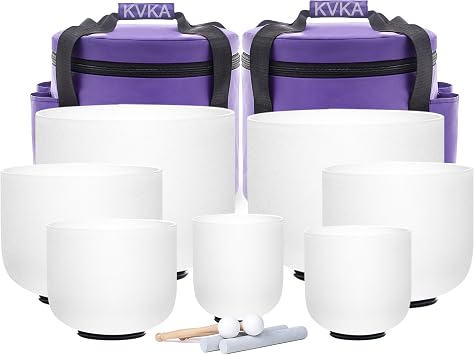 KVKA Crystal Singing Bowl Set  432Hz Frosted Quartz White Design   Sound Bowl & Meditation Bowl Chakra Balancing Sound Bath Instruments Therapy Sound 6-12 inch 440Hz