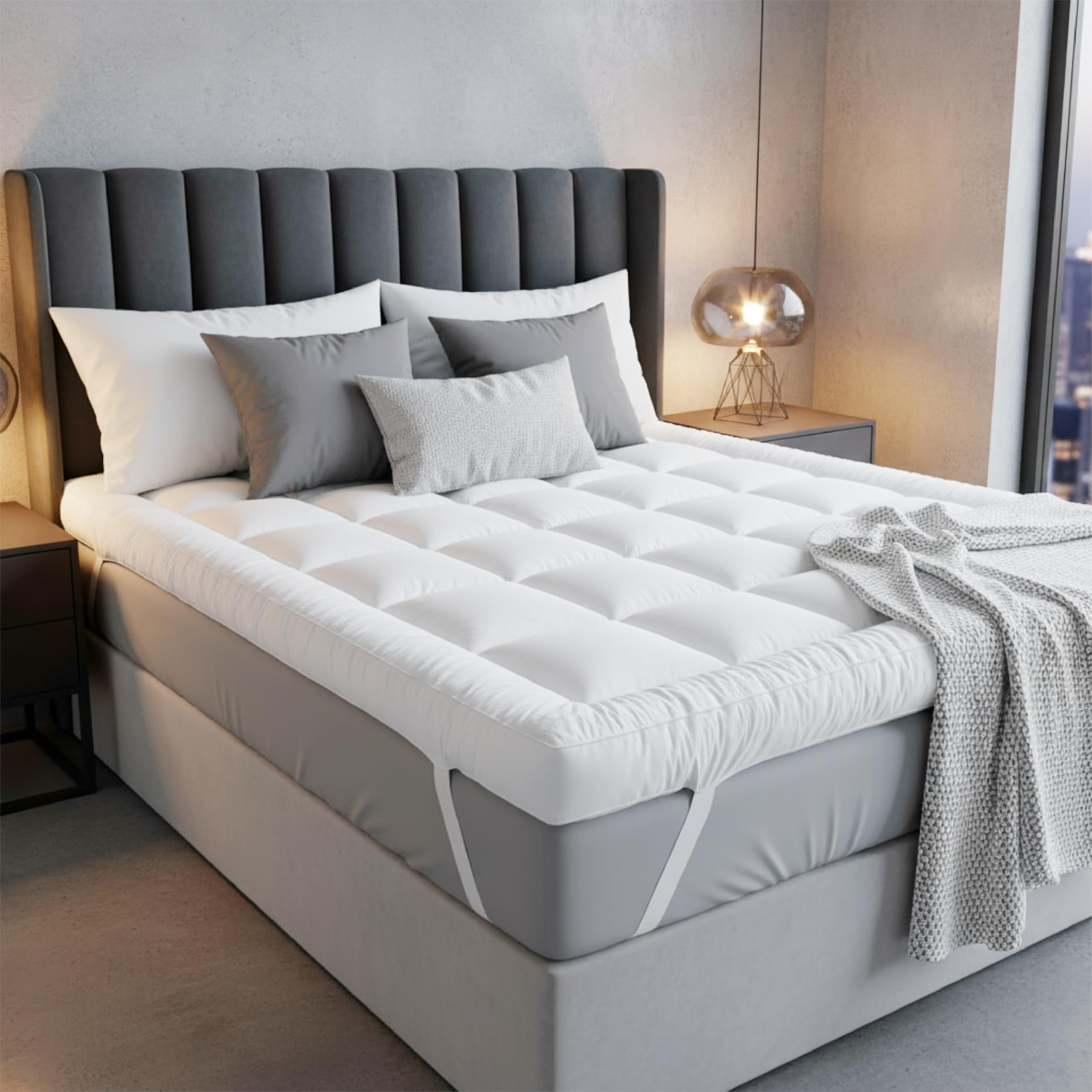 Lakhmaali White Hotel Quality, Super Soft Mattress Topper Kingsize Bed – Hypoallergenic Virgin Hollow Fiber Filling King Mattress Topper With 4 Elasticized Straps To Use At Home, Hotels & Luxury Trips