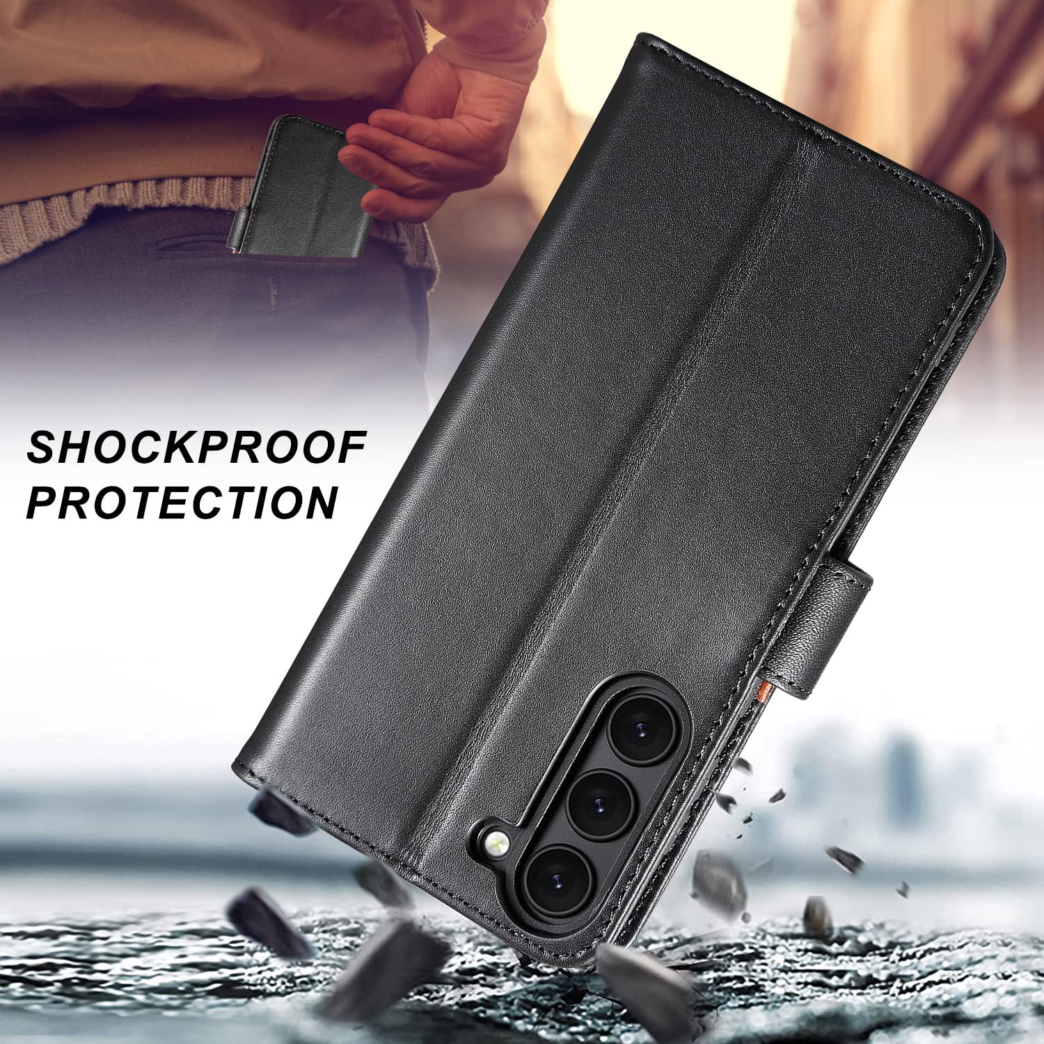 Lensun Cover per Samsung Galaxy S23 Plus 5G, Custodia in Vera Pelle [Supporto Stand] Libro con Portafoglio Chiusura Magnetico Flip Custodie Cuoio – Nero