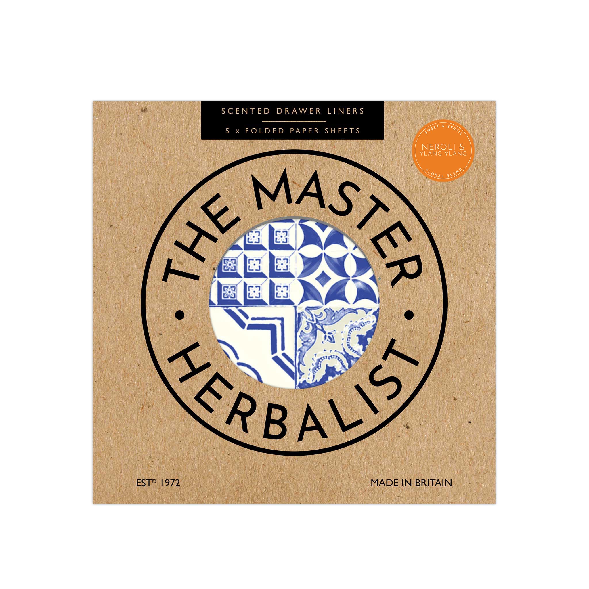 The Master Herbalist NEROLI & YLANG YLANG Scented Drawer Liners with a Portuguese Tile Pattern (FOLDED)| Pack of 5 Sheets | Contains Essential Oils. Made in the UK