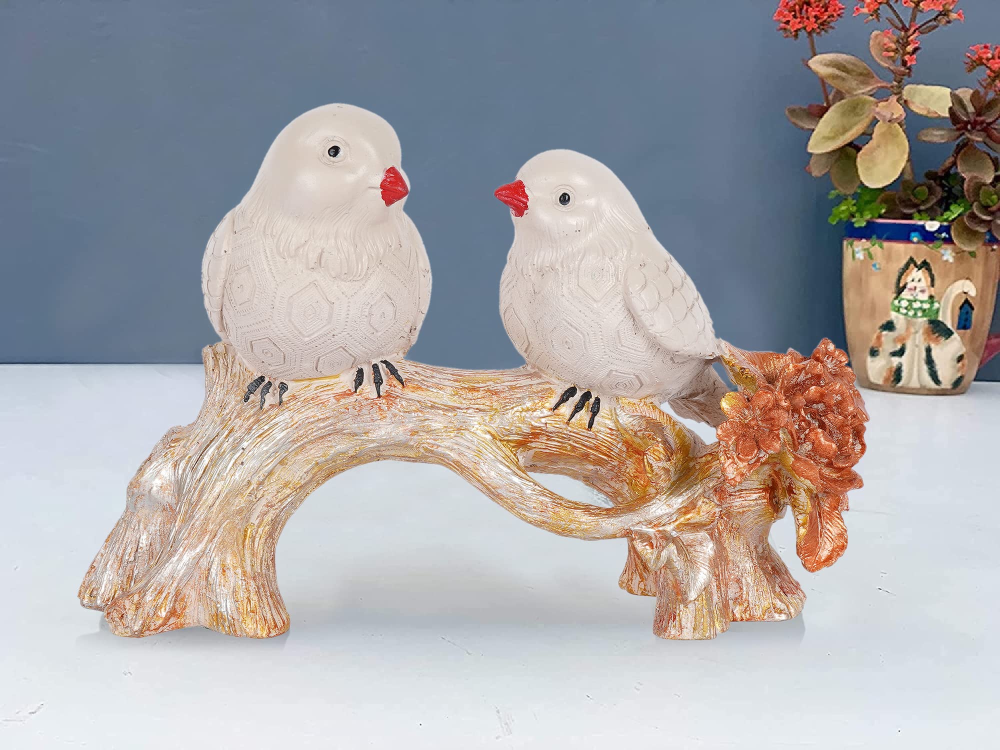 zart 2 Birds Sitting On Tree Branch Figurine Home Decoration Showpiece Chidiya Statue for Home Decor Item Sparrow Pair Showpiece (Pink Roo)