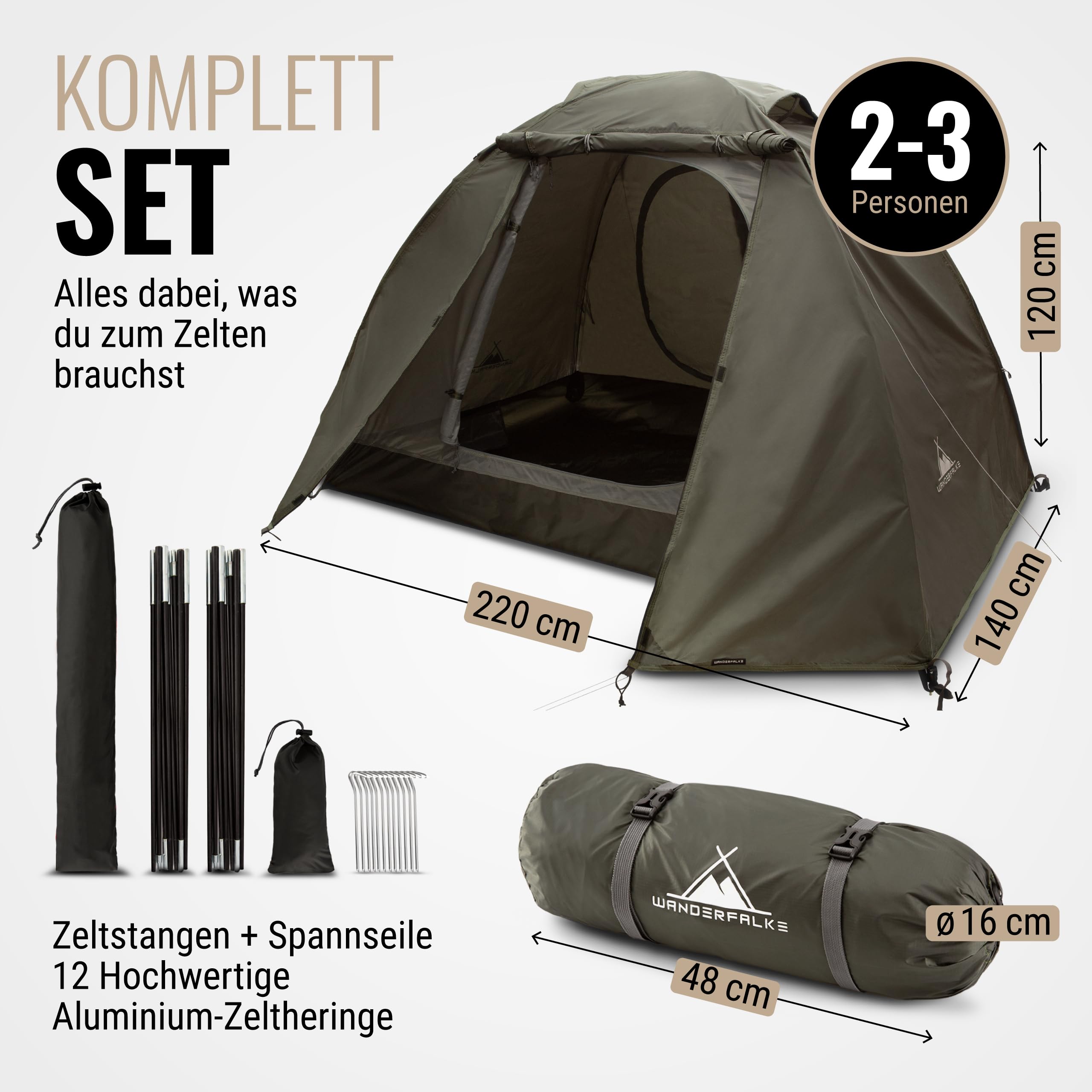 WANDERFALKE® Tenda impermeabile per 2 persone, ultraleggera e ingombro ridotto, montaggio rapido – Tenda da esterno per campeggio, trekking, ciclismo, pesca, festival UVM. - Perfetto per giornate